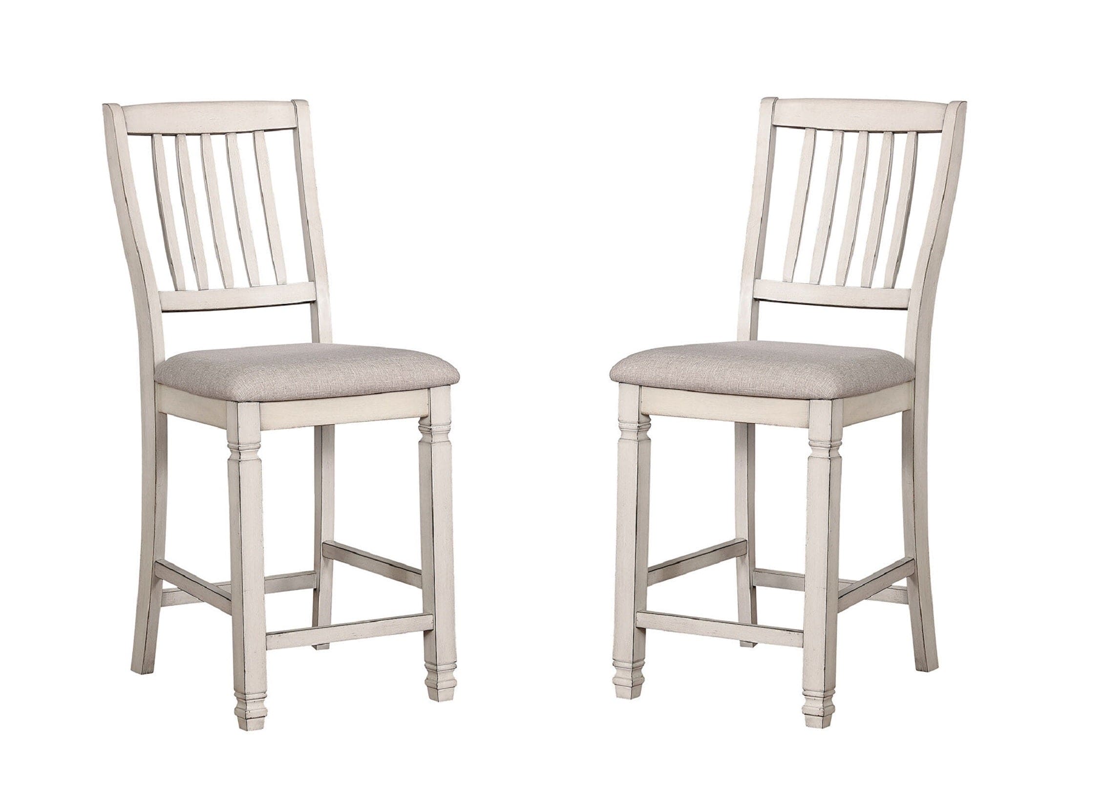 Dining Room Furniture Set of 2pcs Counter Height Chairs Antique White Solid wood Slats Back Light Gray Padded Fabric Seat Cushions