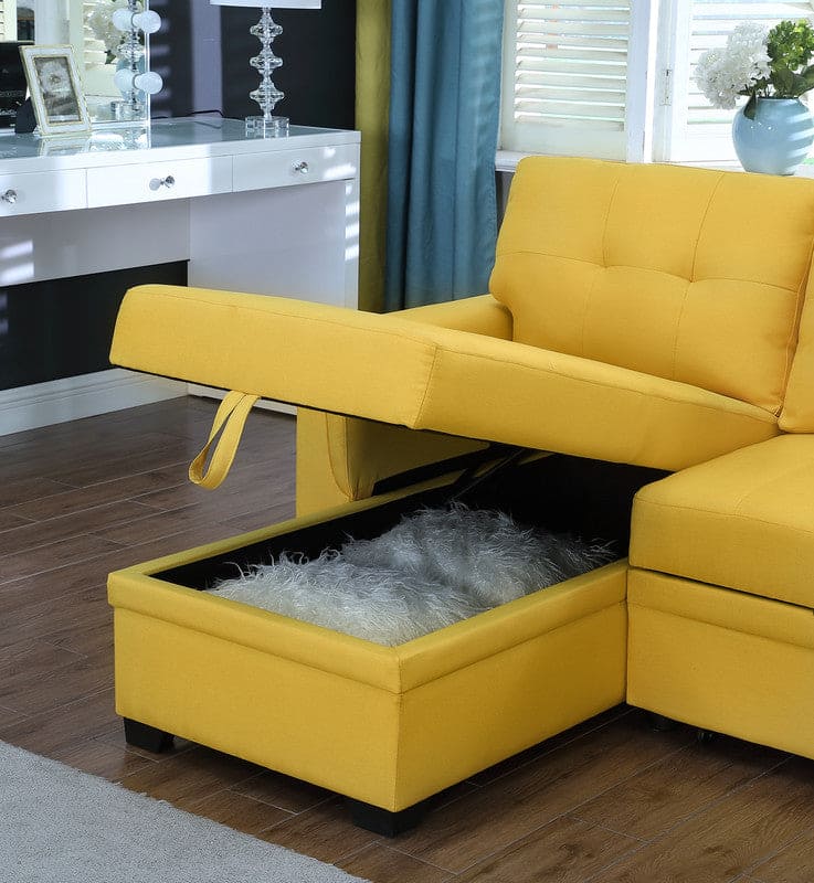 Lucca Yellow Linen Reversible Sleeper Sectional Sofa with Storage Chaise