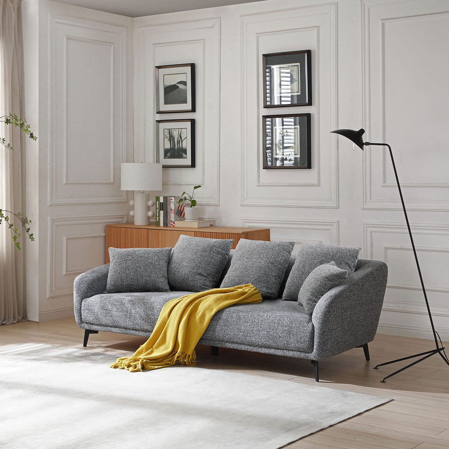 3 Seater Sofa Couch, Modern Fabric Upholstered Sofa with Three Cushions, 2 Pillows, Dark Grey