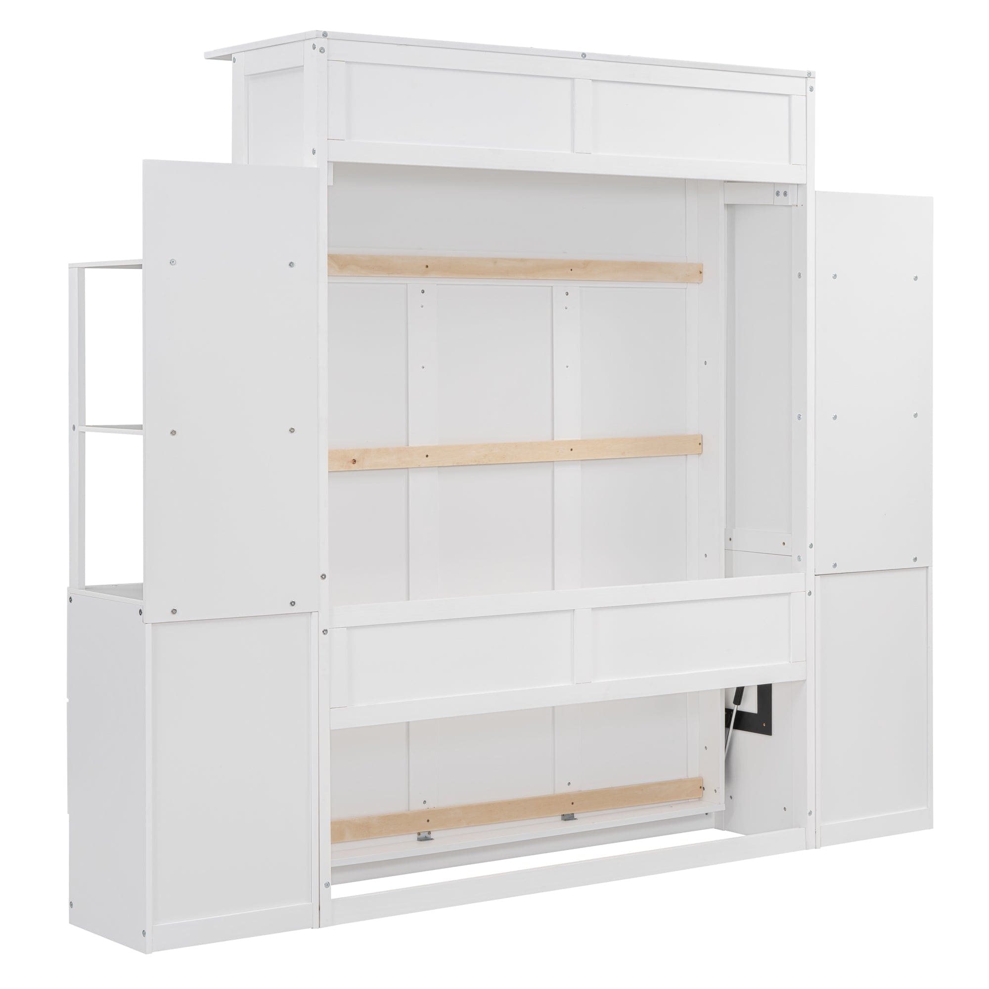 Full Size Murphy Bed Wall Bed with Shelves, Drawers and LED Lights,White