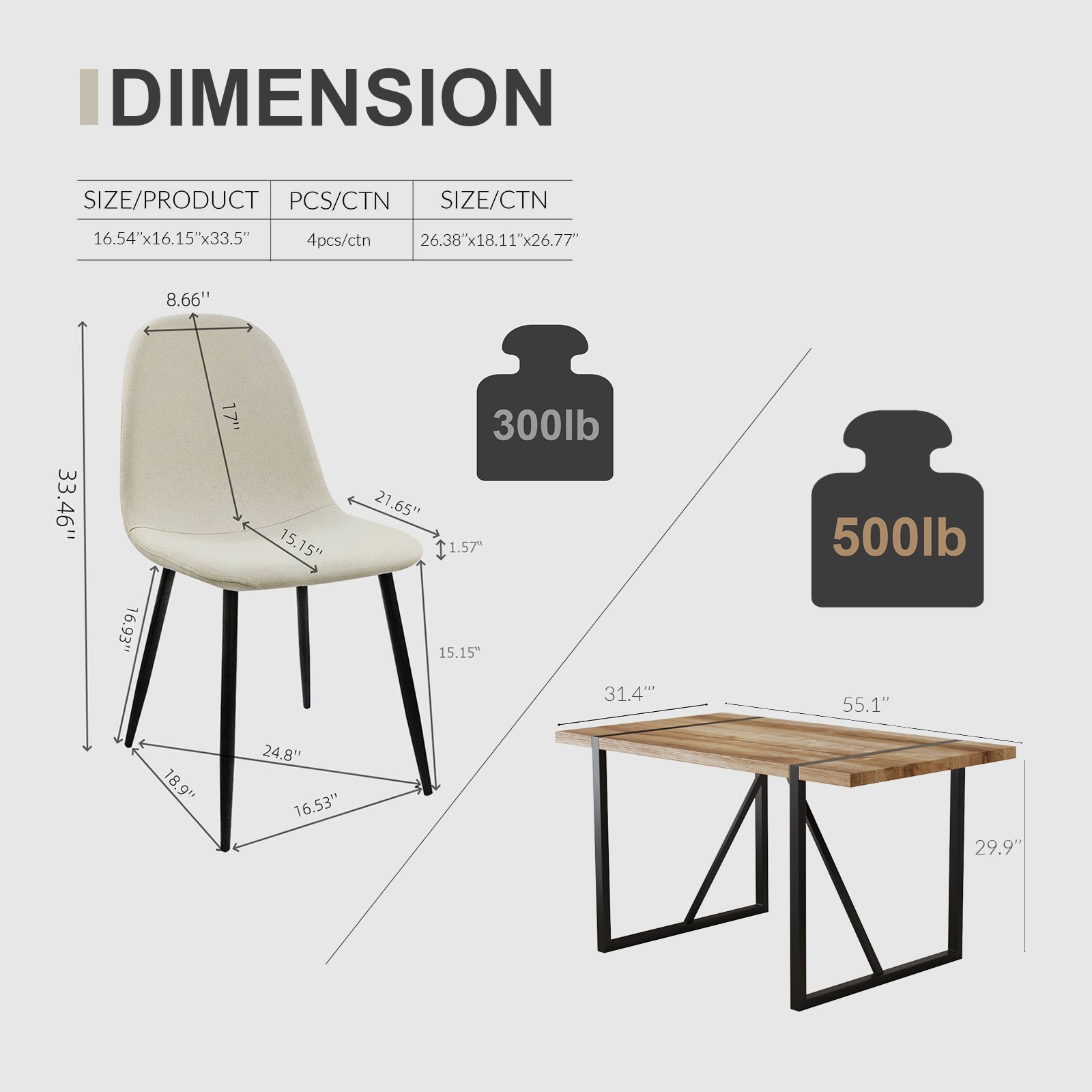 MDF Wood Colour Dining Table and Modern Dining Chairs Set of 4, Mid Century Wooden Kitchen Table Set, Metal Base & Legs, Dining Room Table and Linen Chairs