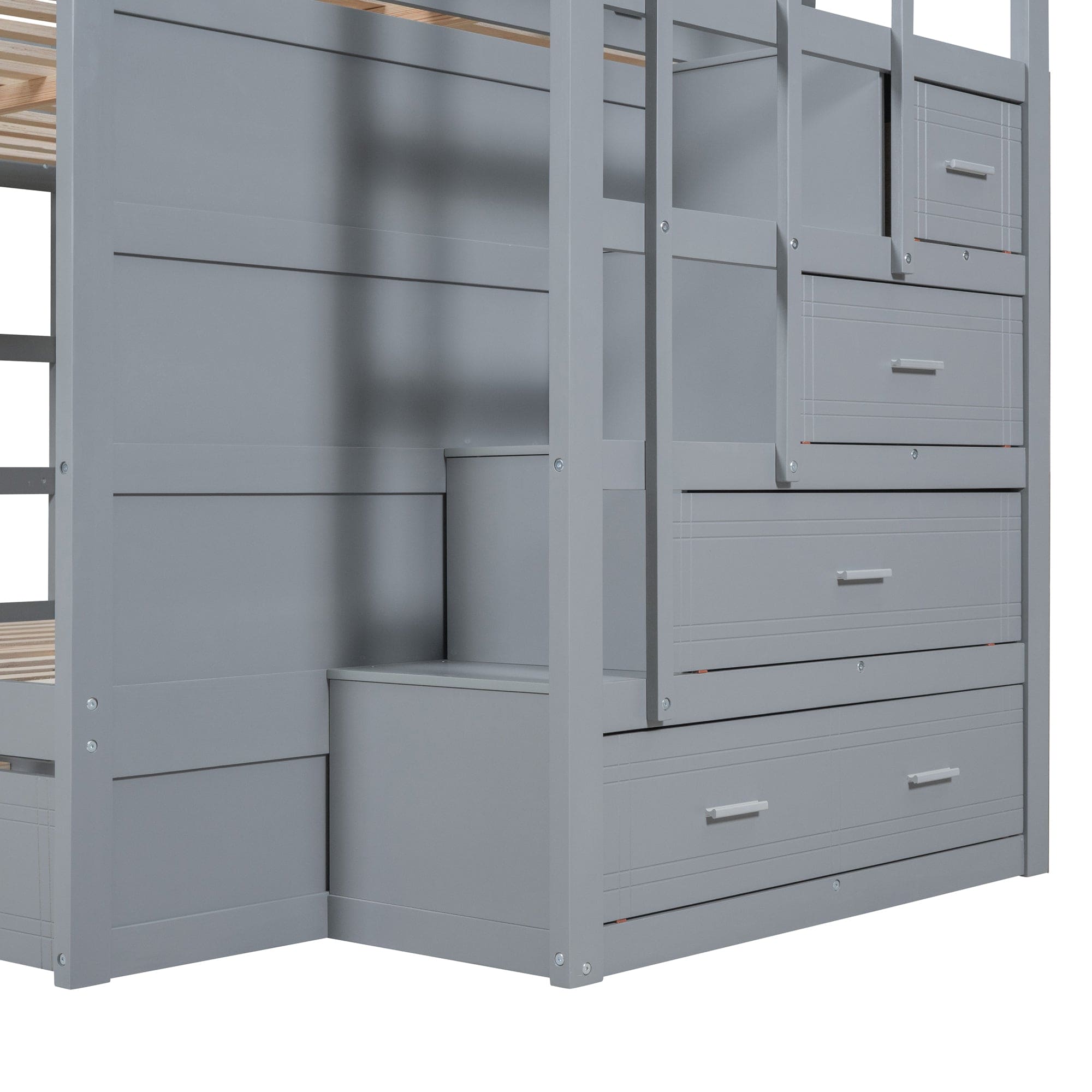 Full Over Full Bunk Bed with Twin Size Trundle and Staircase, Gray