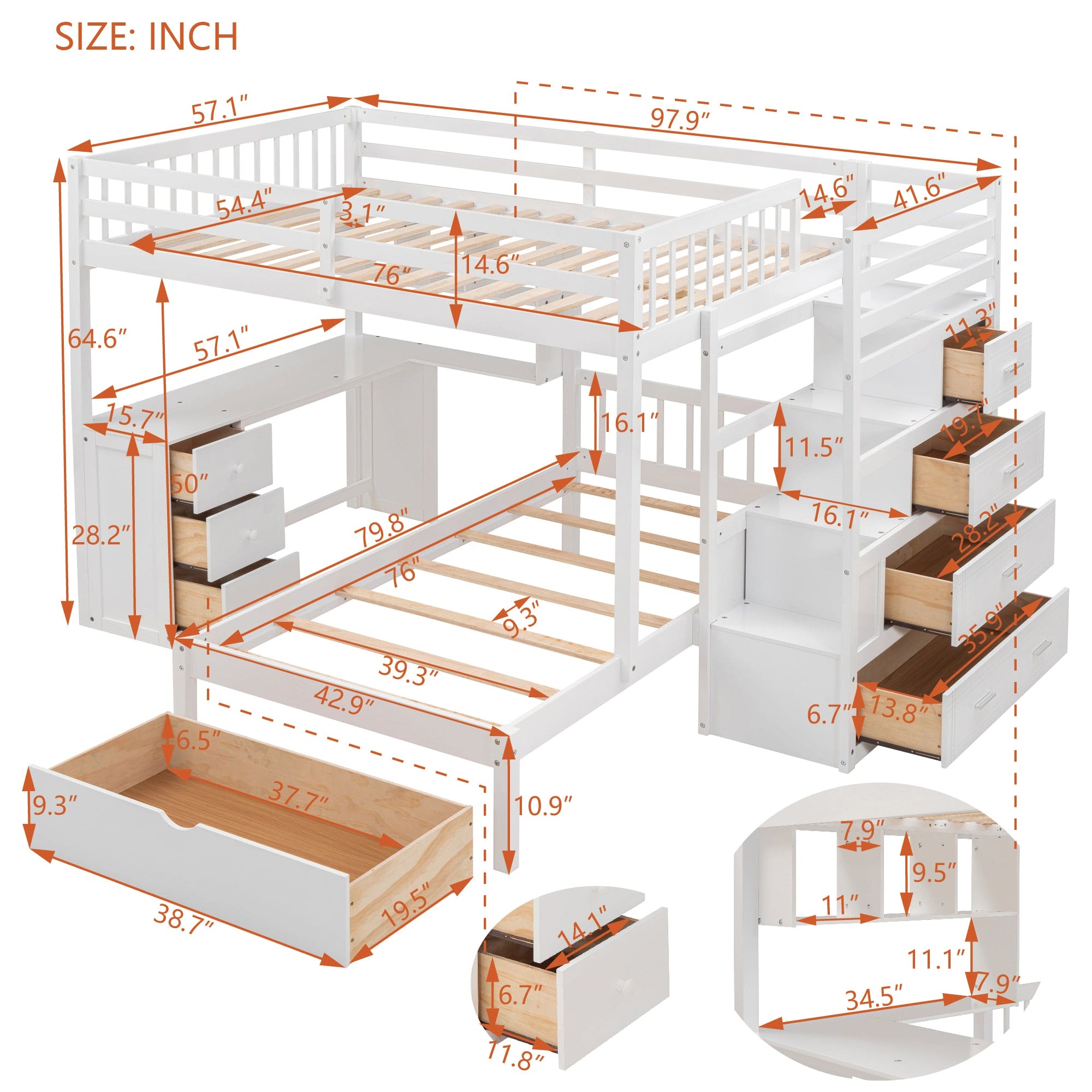 Full Over Twin Bunk Bed with Desk, Drawers and Shelves, White