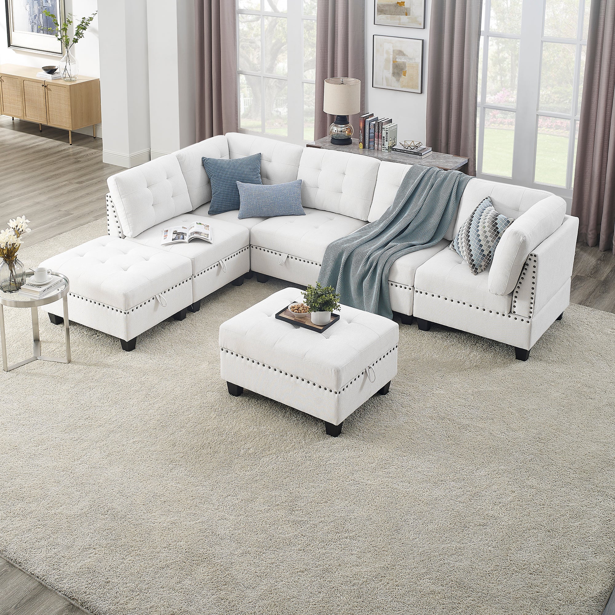 L shape Modular Sectional Sofa,DIY Combination,includes Three Single Chair ,Two Corner and Two Ottoman,Ivory Chenille