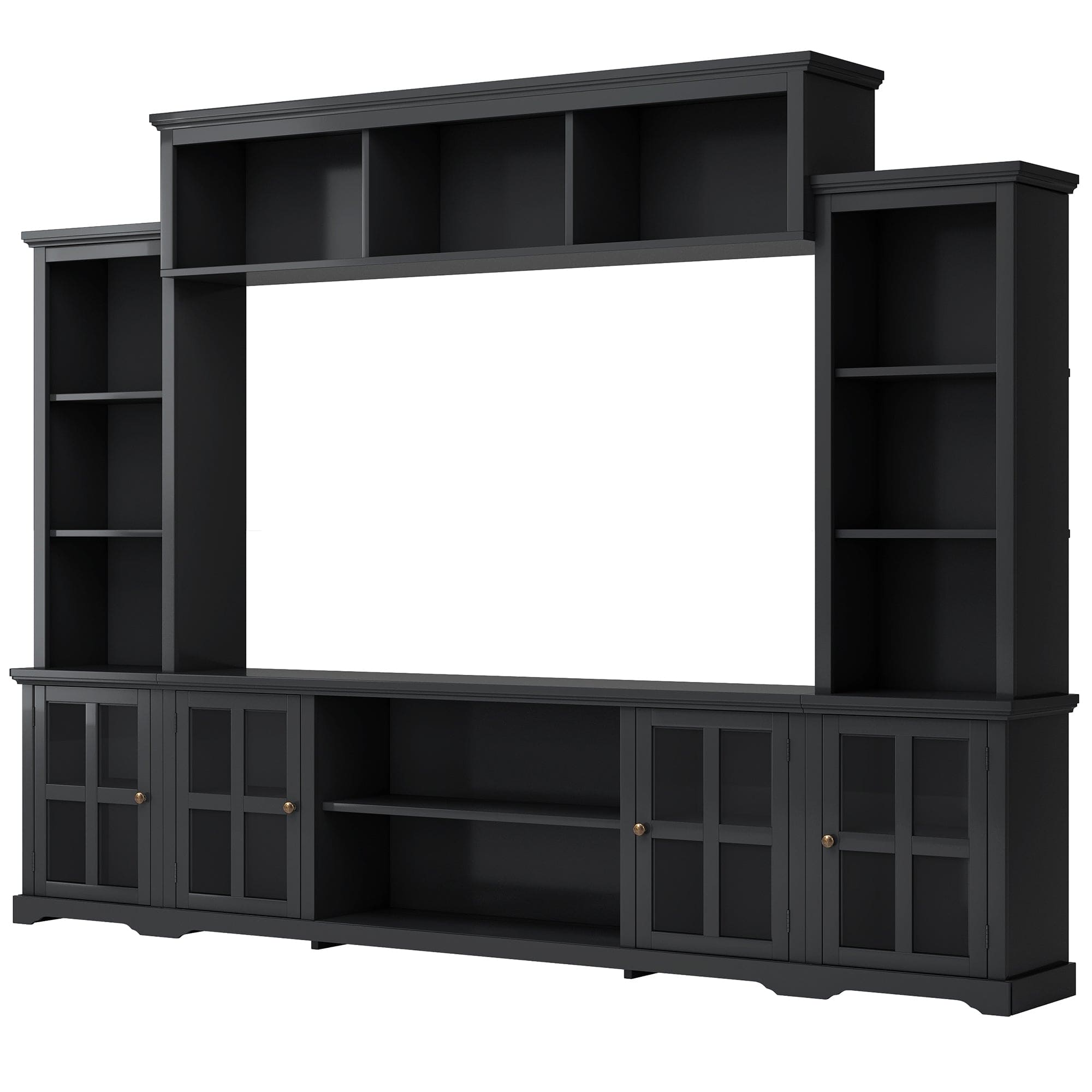 ON-TREND Minimalism Style Entertainment Wall Unit with Bridge, Modern TV Console Table for TVs Up to 70", Multifunctional TV Stand with Tempered Glass Door, Black (Old SKU: SD000009AAB)