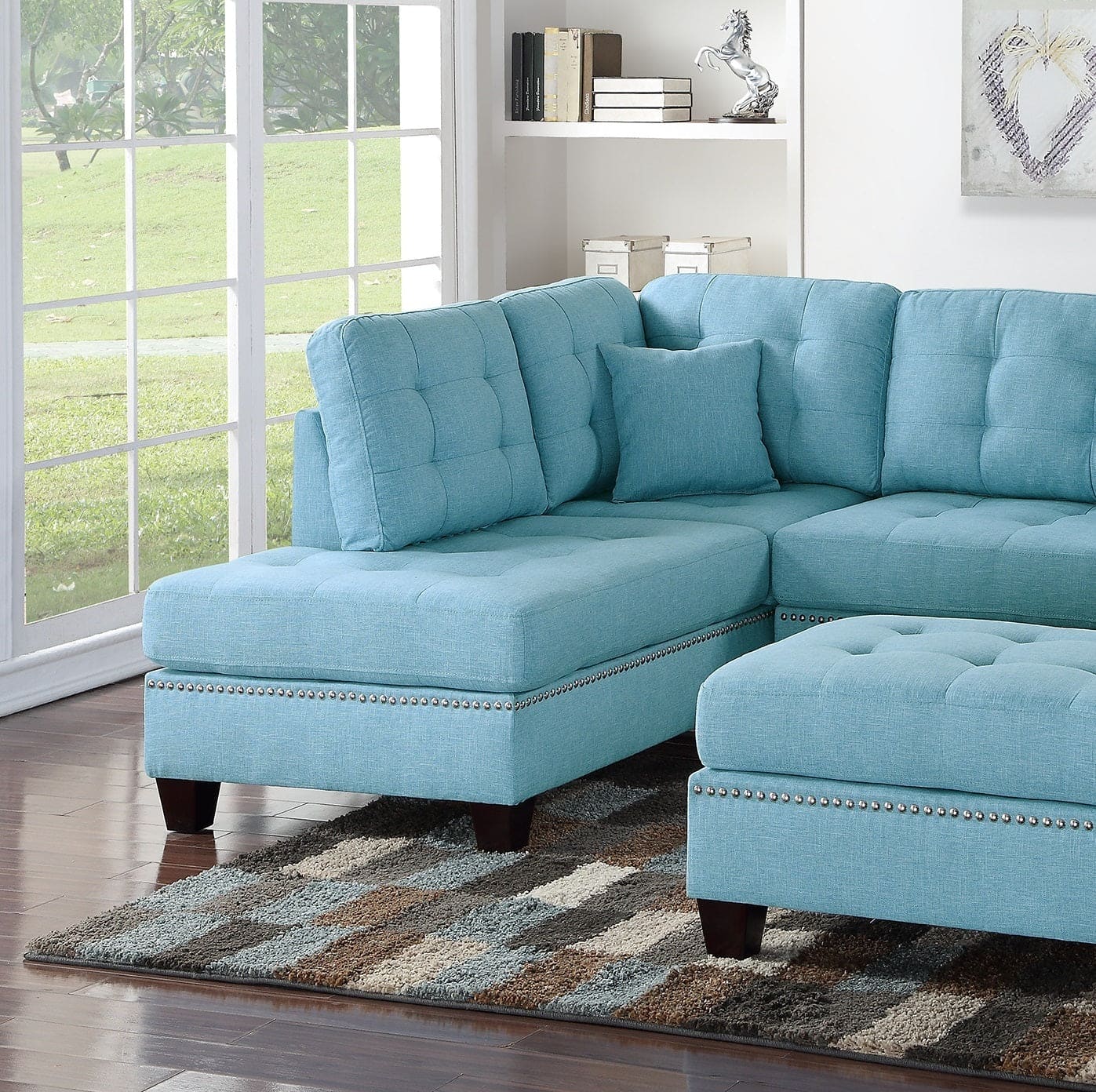 Modern Blue Color 3pcs Sectional Living Room Furniture Reversible Chaise Sofa And Ottoman Tufted Polyfiber Linen Like Fabric Cushion Couch Pillows