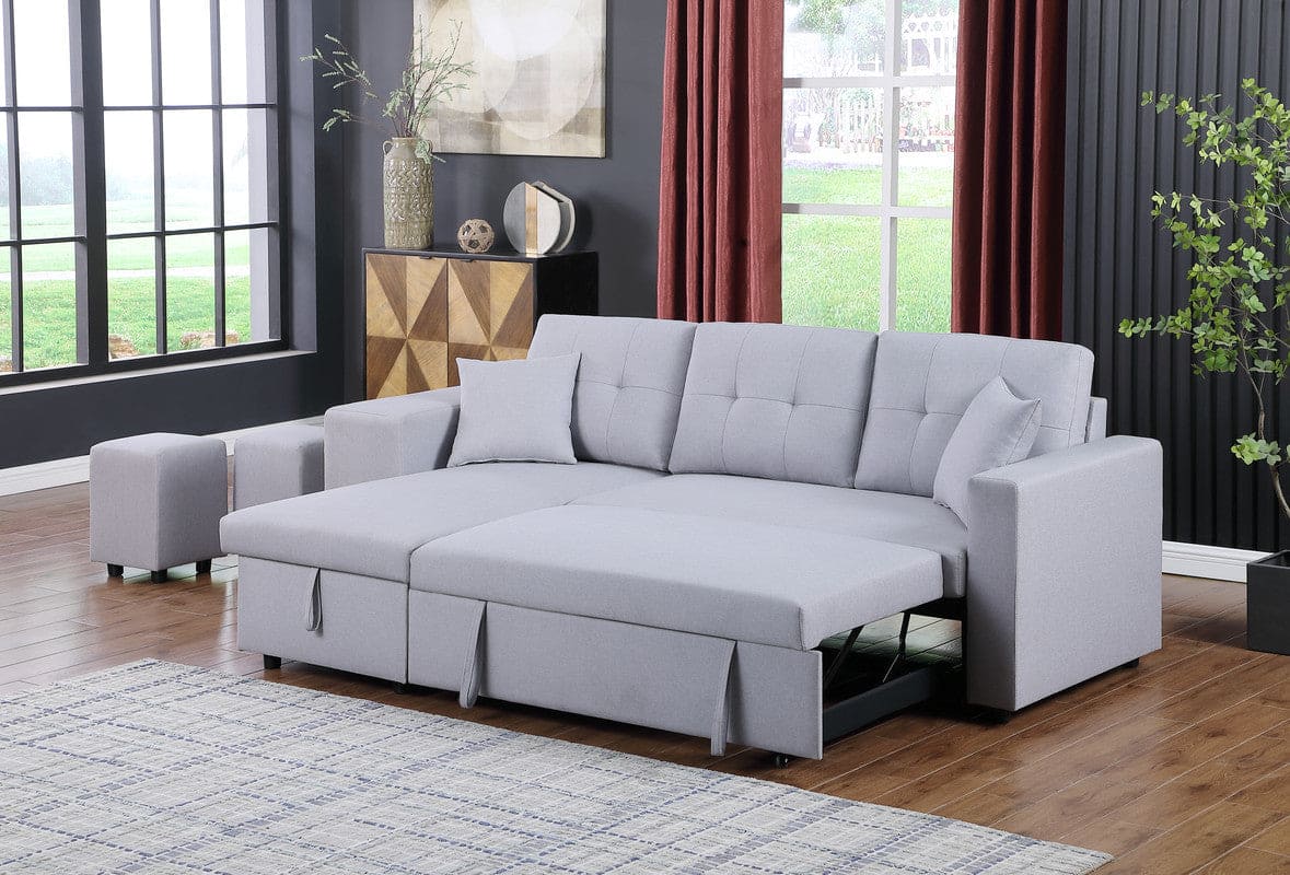 Dennis Light Gray Linen Fabric Reversible Sleeper Sectional with Storage Chaise and 2 Stools