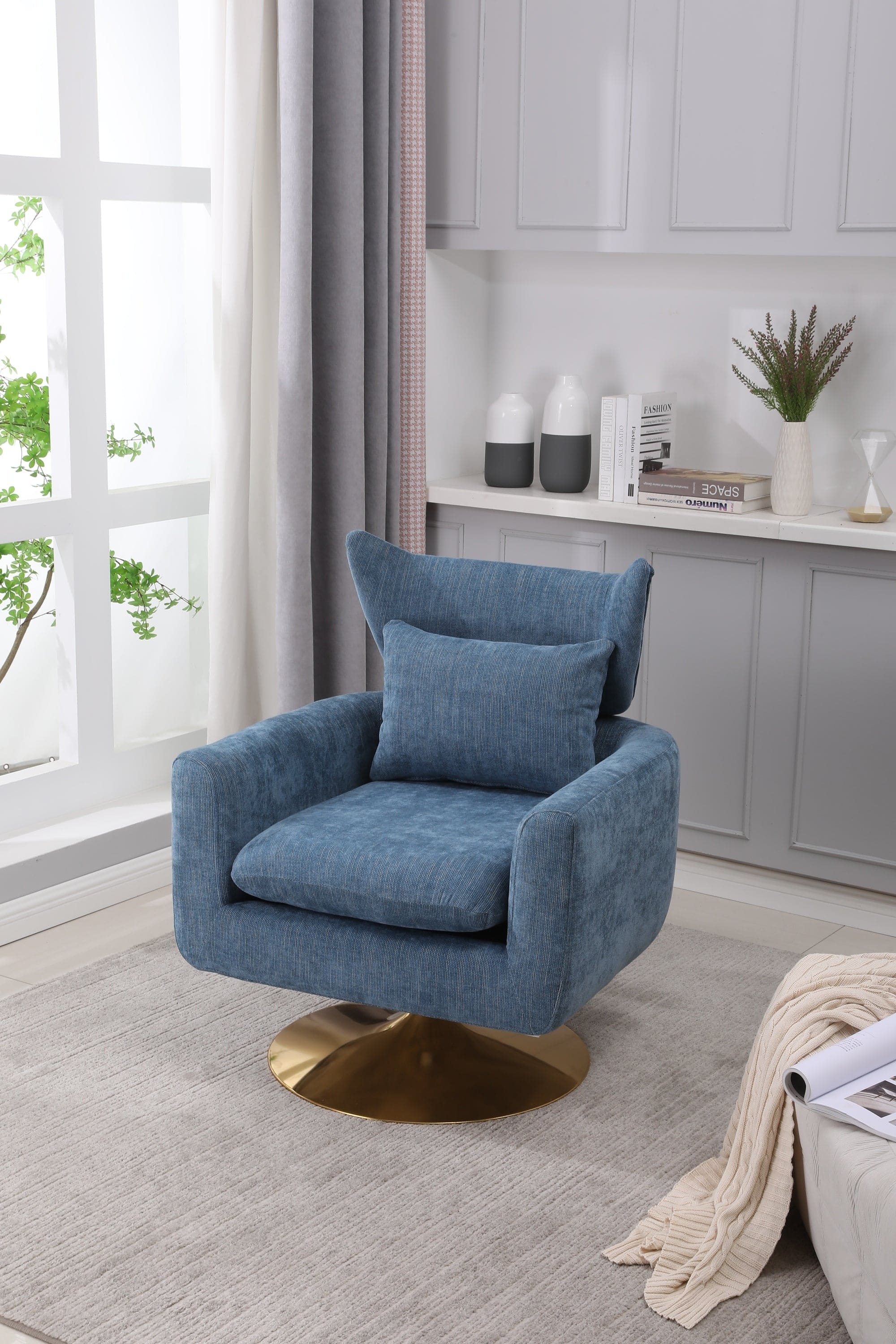 Classic Mid-Century 360-degree Swivel  Accent Chair, Blue Linen