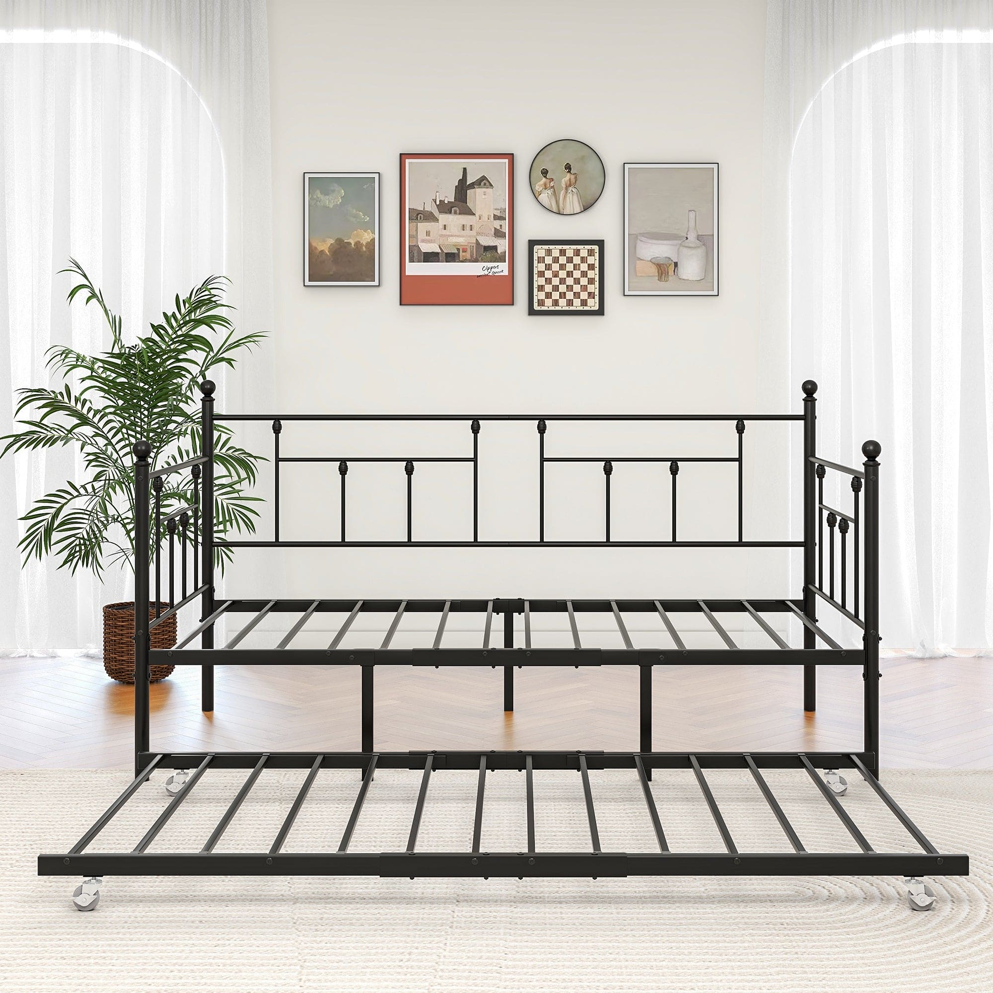 Metal Daybed Frame Twin Size Platform with trundle , No Box Spring Needed Black