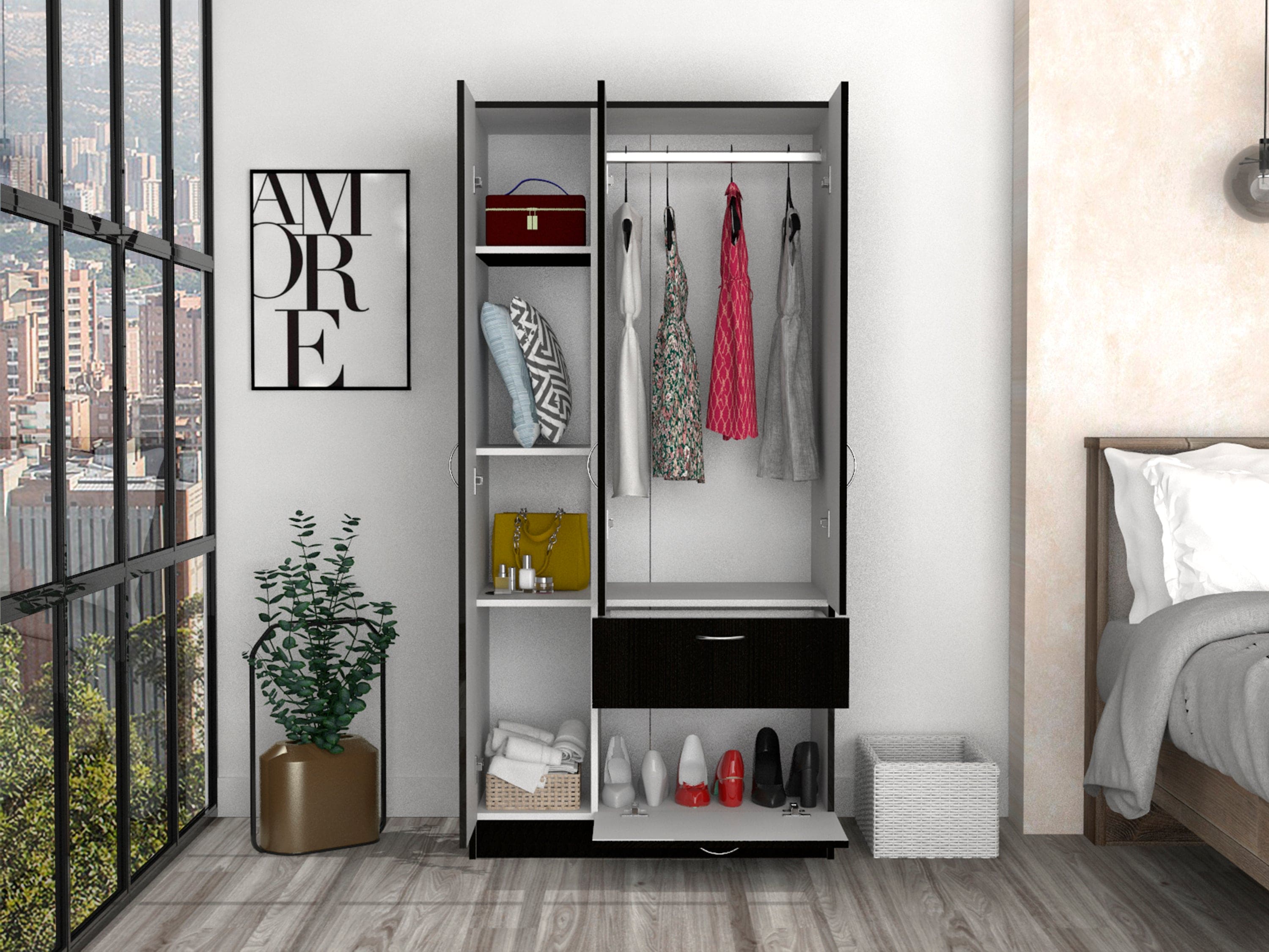 Primavera Armoire, Double Door Cabinets, One Drawer, Metal Rod, Five Shelves -Black / White