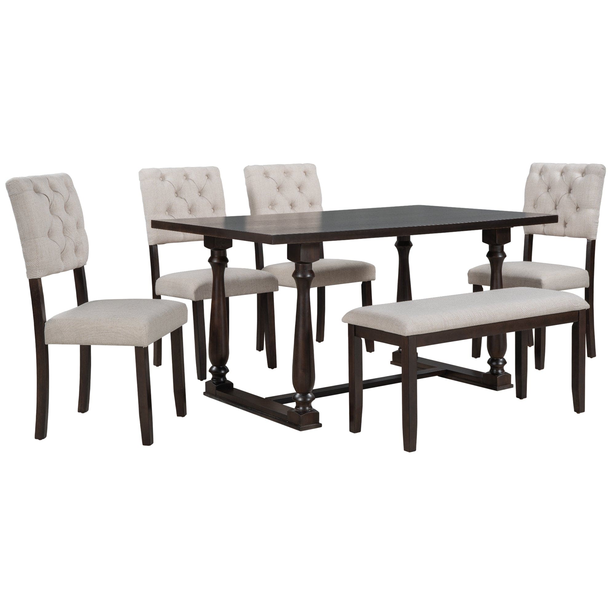 TREXM 6-Piece Dining Table and Chair Set with Special-shaped Legs and Foam-covered Seat Backs&Cushions for Dining Room (Espresso)