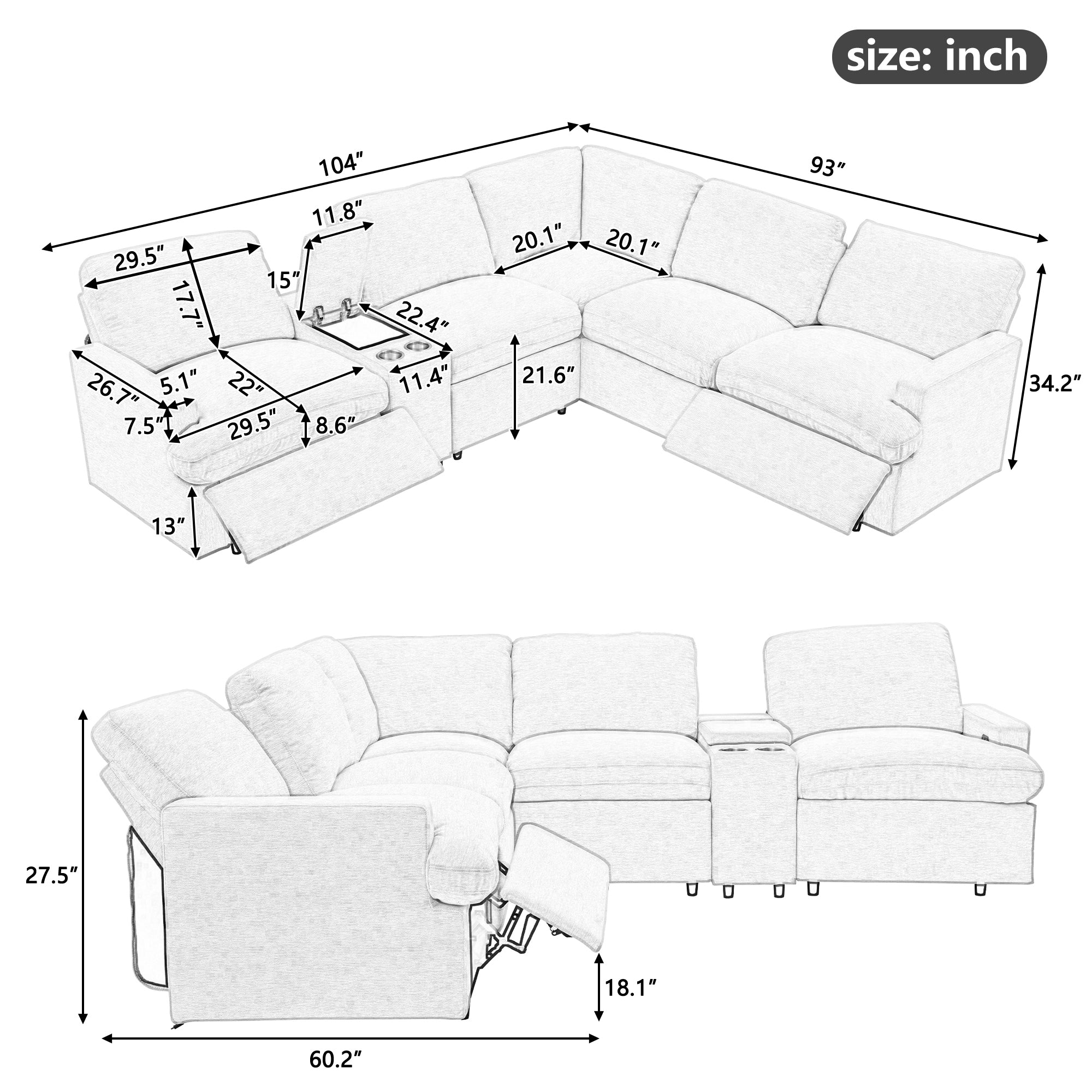 104'' Power Recliner Corner Sofa Home Theater Reclining Sofa Sectional Couches with Storage Box, Cup Holders, USB Ports and Power Socket for Living Room, Beige