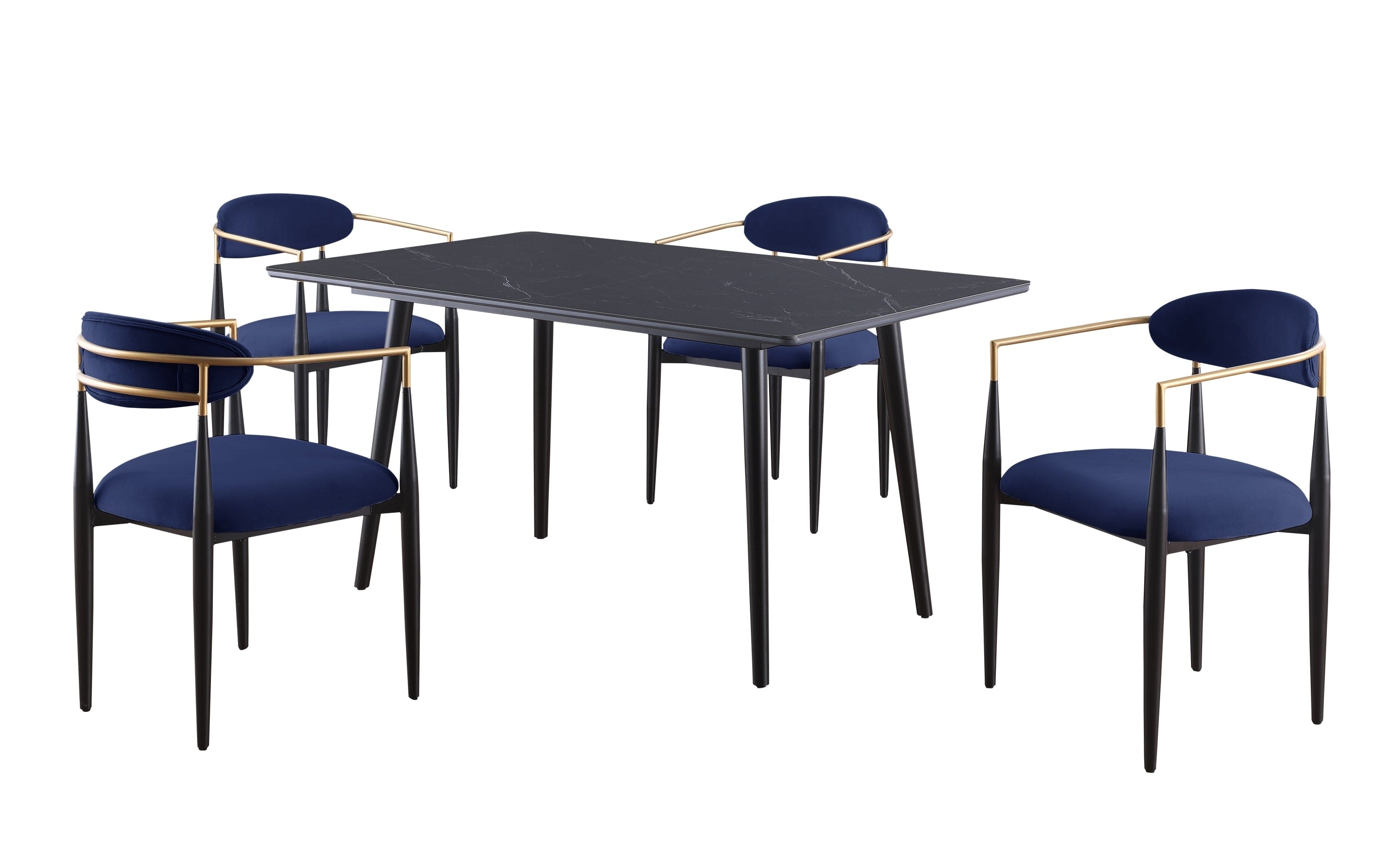 Modern Contemporary 5pc Dining Set Black Sintered Stone Table and Blue Chairs Fabric Upholstered Stylish Furniture