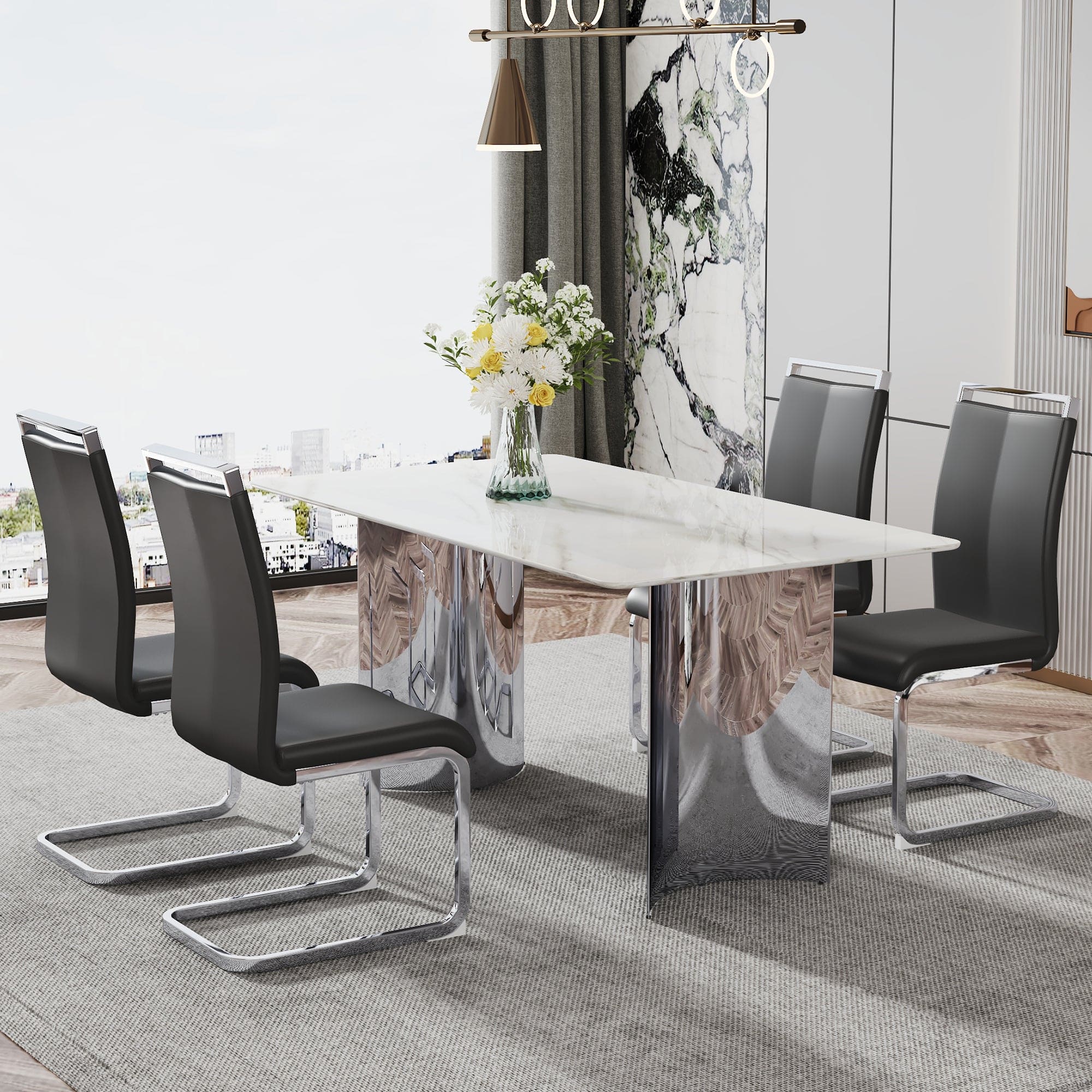 Modern minimalist dining table. White imitation marble glass sticker desktop, stainless steel legs, stable and beautiful. Suitable for living room and dining room  63" *35.4" *29.5"   DT-69