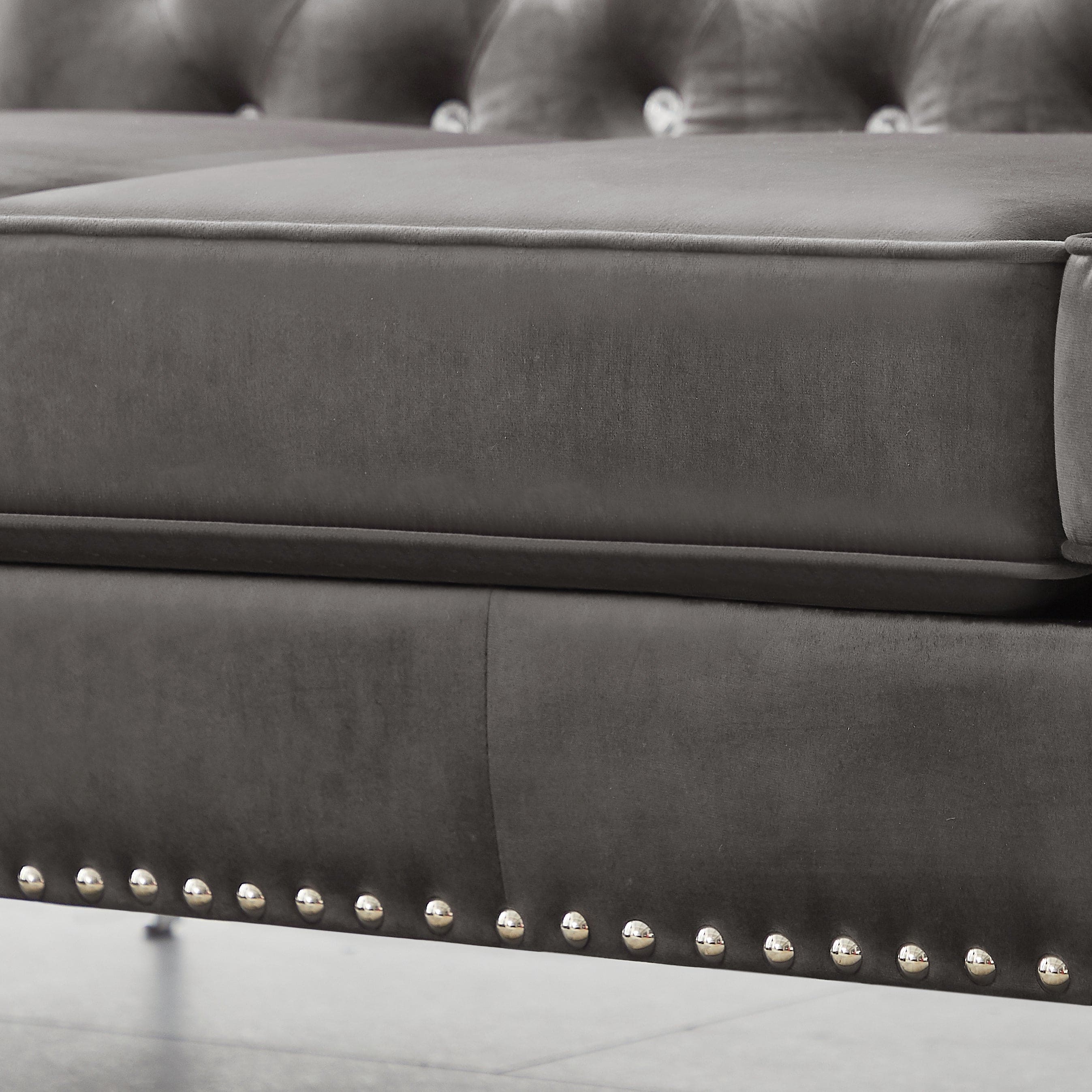 82.3" Width Modern Velvet Sofa Jeweled Buttons Tufted Square Arm Couch Grey,2 Pillows Included