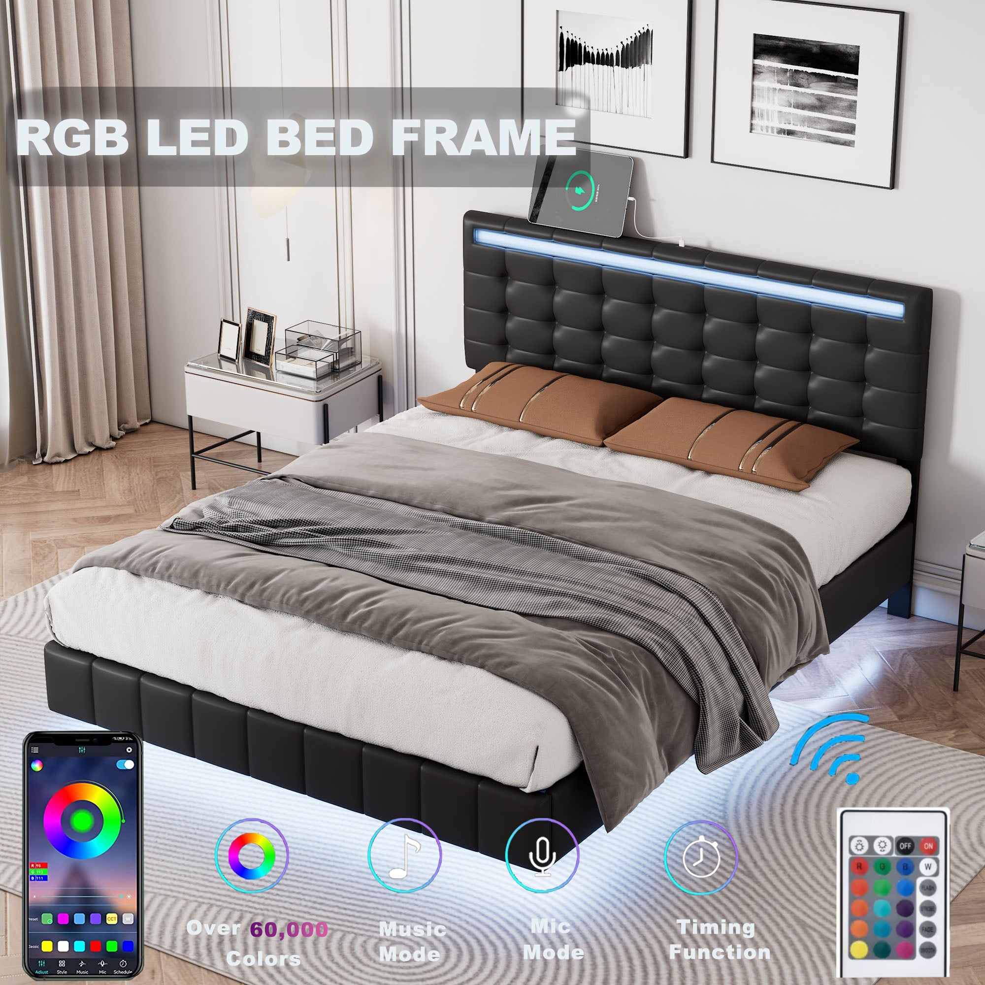 Full Size Floating Bed Frame with LED Lights and USB Charging,Modern Upholstered Platform LED Bed Frame,Black(Full)