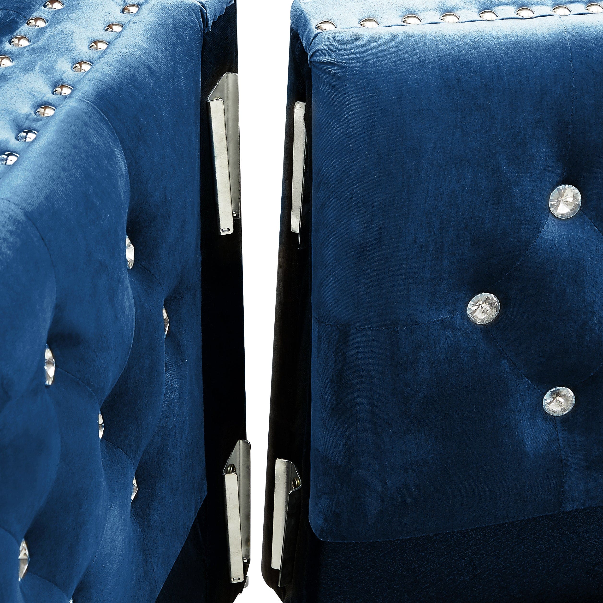 59.4 Inch Wide Blue Velvet Sofa with Jeweled buttons,Square Arm ,2 Pillows