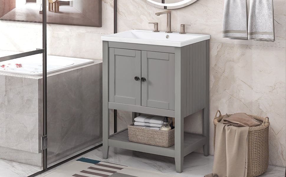 [VIDEO] 24" Grey Modern Sleek Bathroom Vanity Elegant Ceramic Sink with Solid Wood Frame Open Style Shelf (OLD SKU: JL000004AAE)