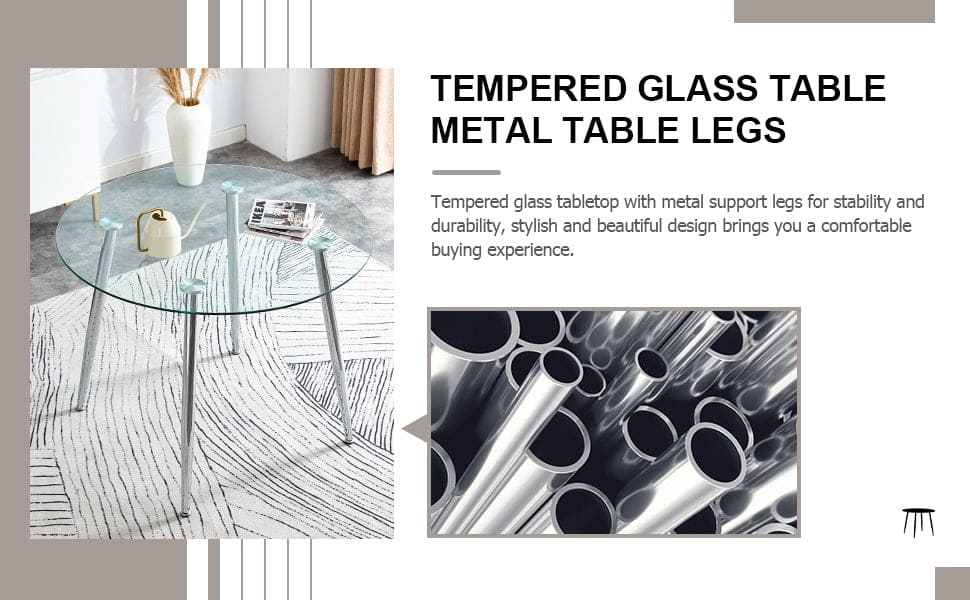 A glass tabletop with a diameter of 40 inches and a modern minimalist circular dining table with electroplated silver metal legs. Suitable for restaurants, living rooms, and conference rooms.DT-1164