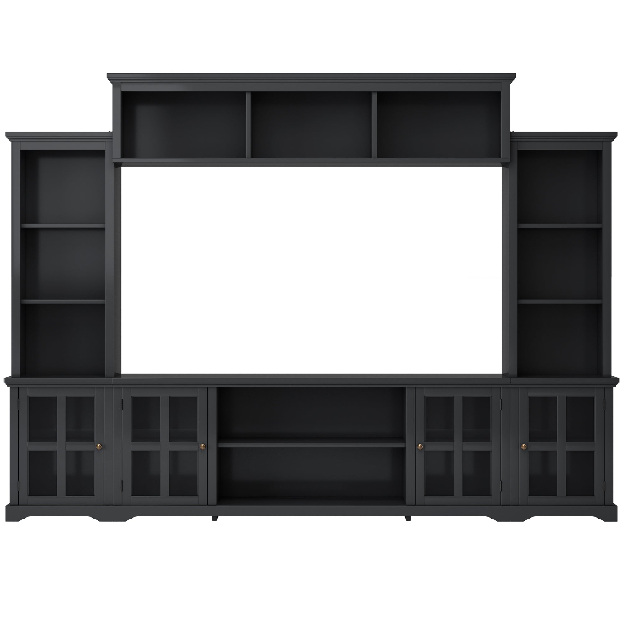 ON-TREND Minimalism Style Entertainment Wall Unit with Bridge, Modern TV Console Table for TVs Up to 70", Multifunctional TV Stand with Tempered Glass Door, Black (Old SKU: SD000009AAB)