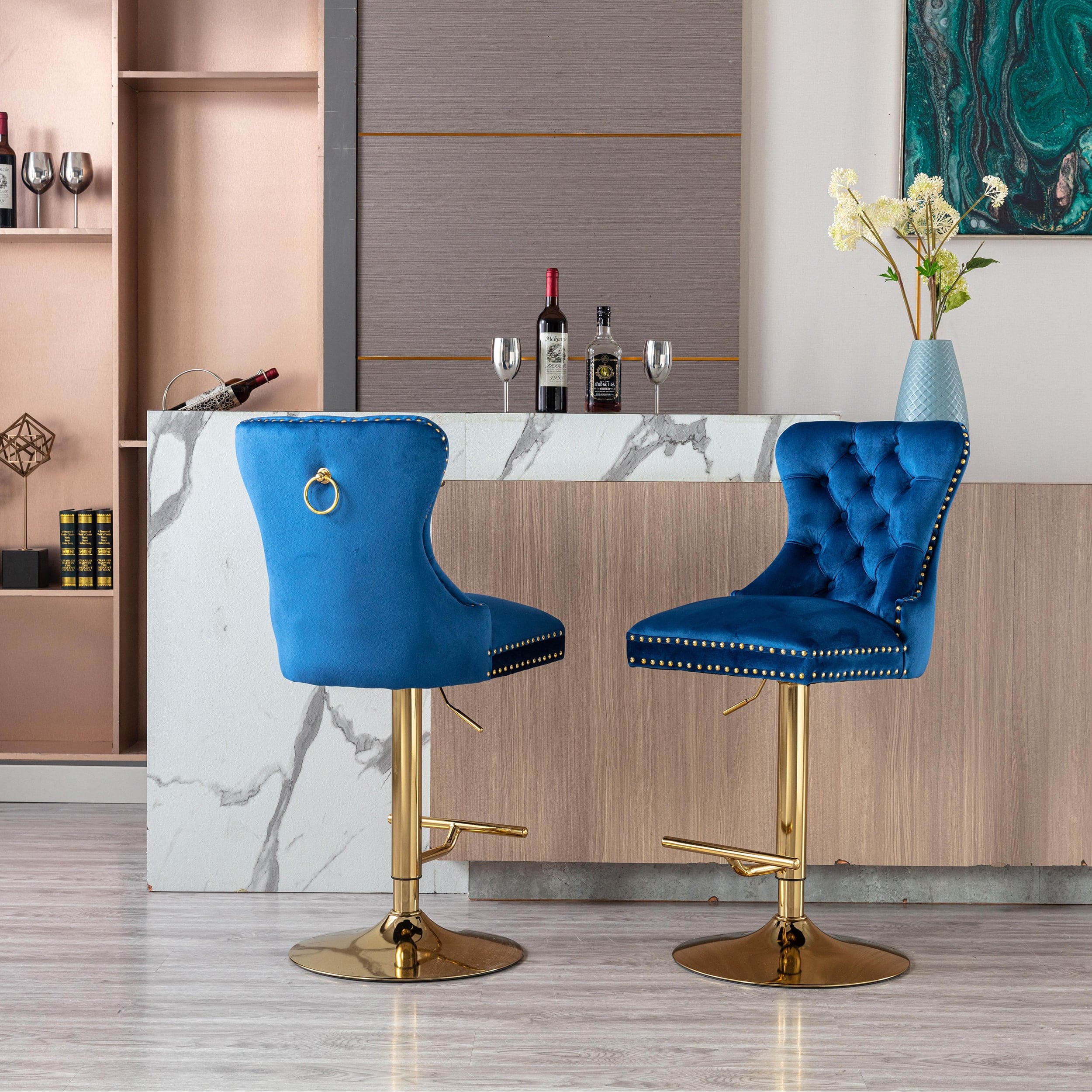 Swivel Bar Stools Chair Set of 2 Modern Adjustable Counter Height Bar Stools, Velvet Upholstered Stool with Tufted High Back & Ring Pull for Kitchen , Chrome Golden Base, Blue