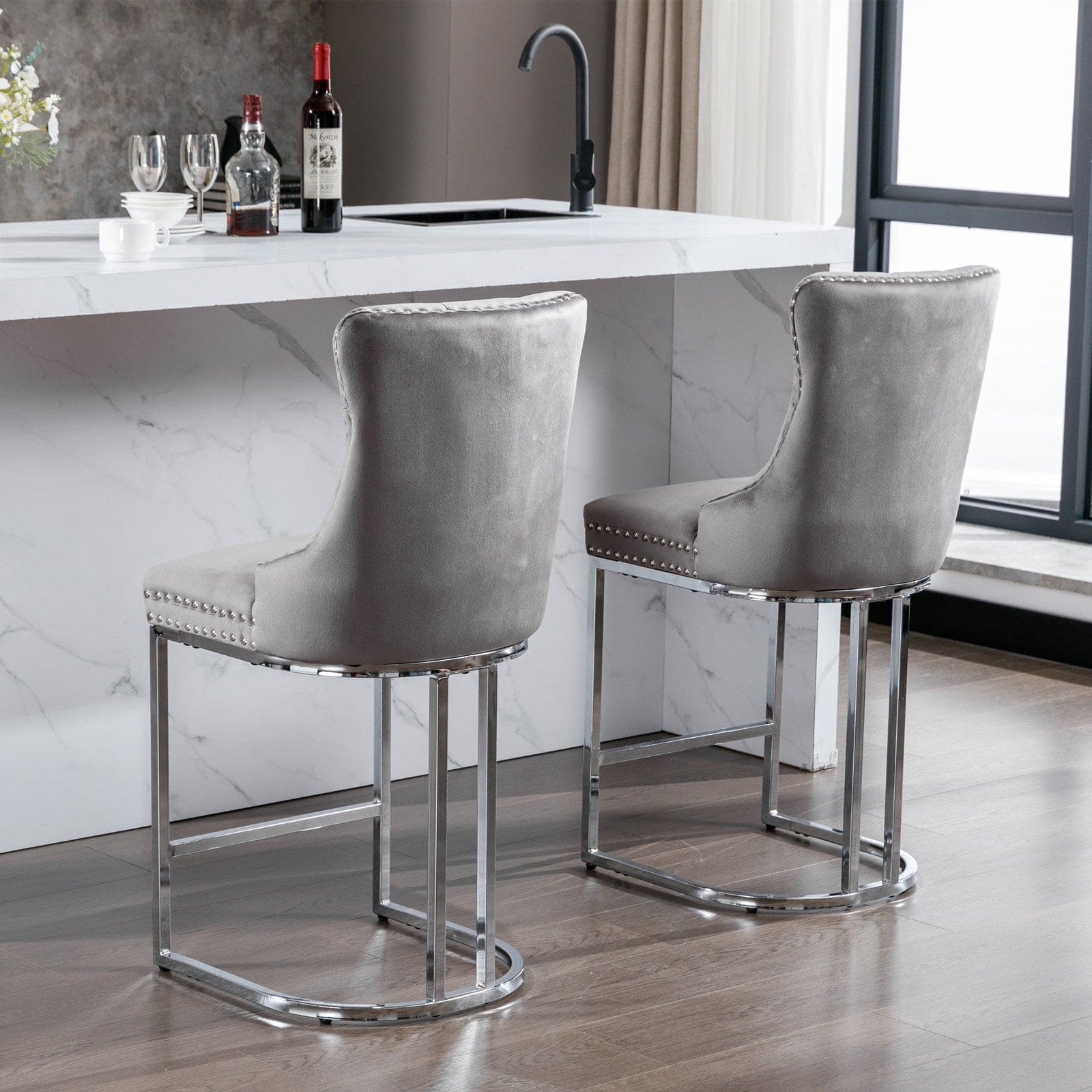 26" Counter Height Bar Stools Set of 2, Modern Velvet Barstools with Button Back&Rivet Trim Upholstered Kitchen Island Chairs with Sturdy Chromed Metal Base Legs Farmhouse Bar Stools, (Gray,2 Pack)