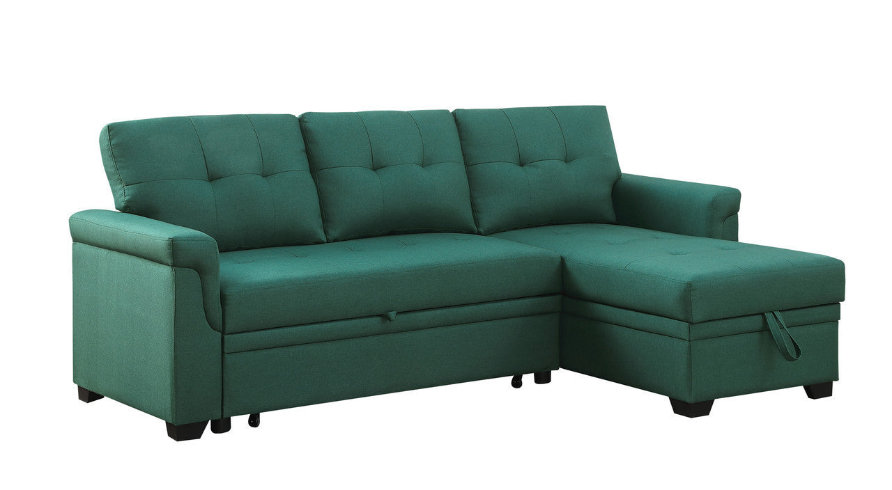 Lucca Green Linen Reversible Sleeper Sectional Sofa with Storage Chaise