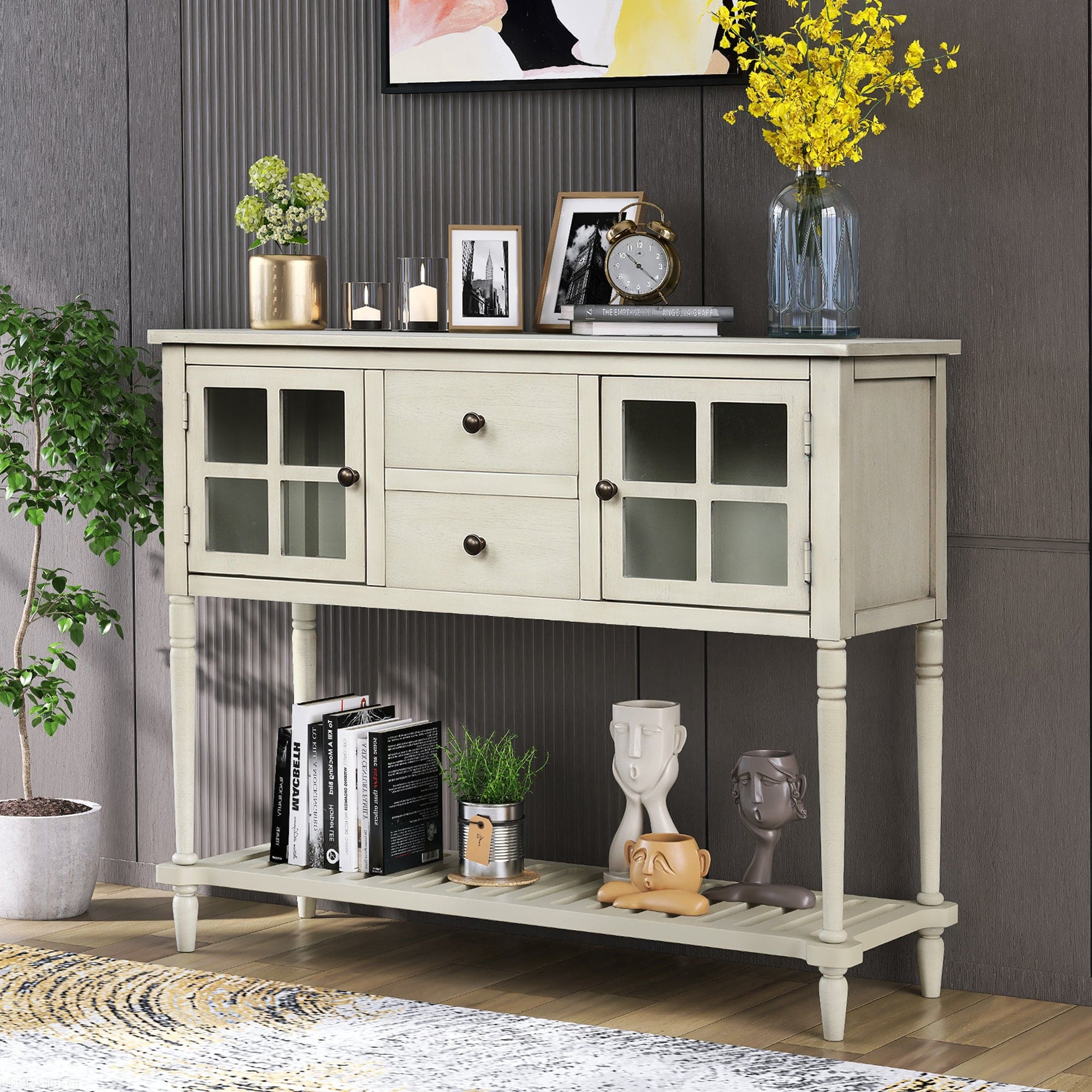 TREXM Sideboard Console Table with Bottom Shelf, Farmhouse Wood/Glass Buffet Storage Cabinet Living Room (Antique Grey)