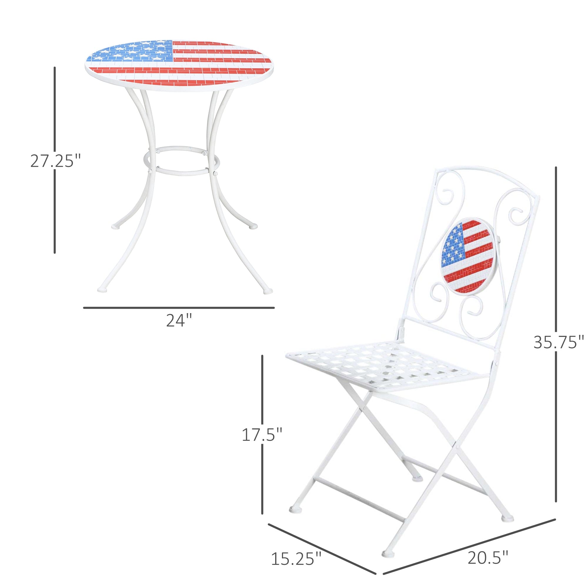 Outsunny 3 Piece Patio Bistro Set, Folding Outdoor Furniture with USA Mosaic Table and Chairs, 
Portable Metal Frames for 4th of July, Balcony, Backyard, Poolside, Porch, American Flag