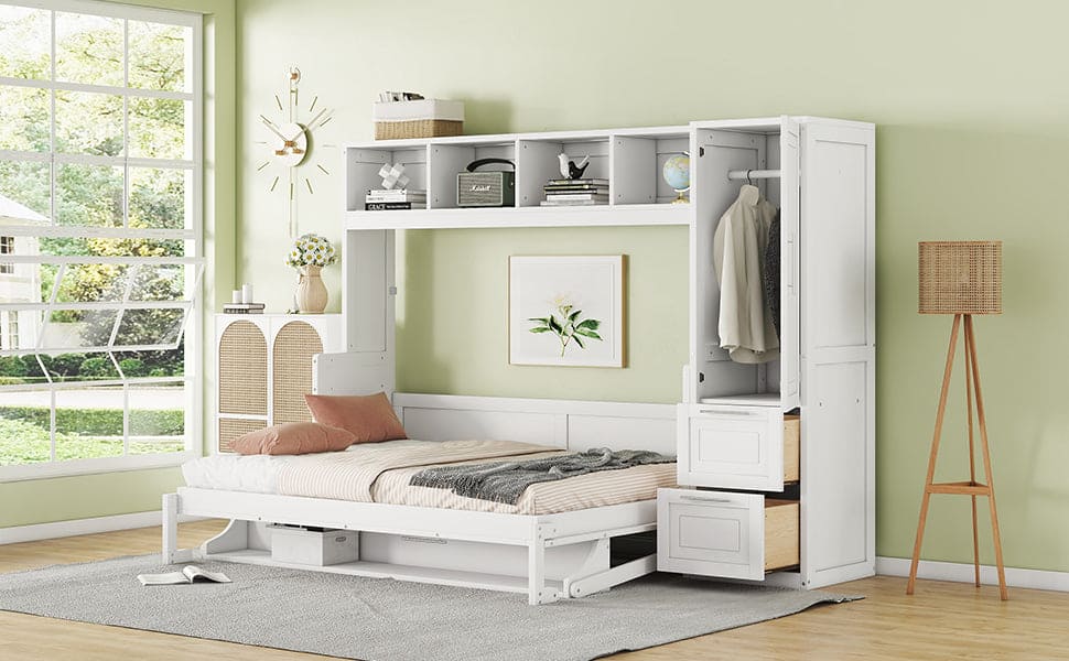 Full Size Murphy Bed Wall Bed with Closet and Drawers,White