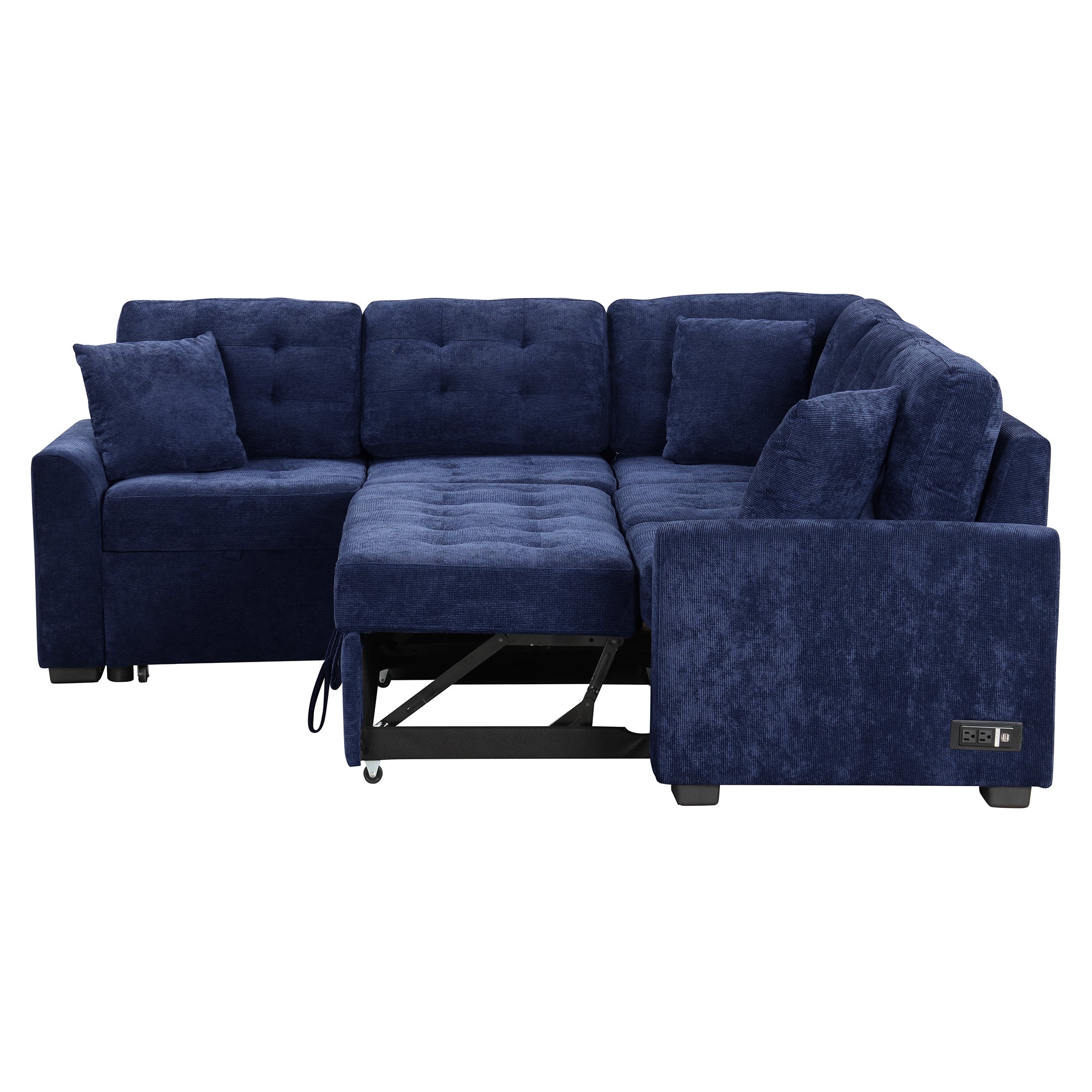 82.6" L-shape Sofa Bed Pull-out Sleeper Sofa with Wheels, USB Ports, Power Sockets for Living Room, Navy Blue