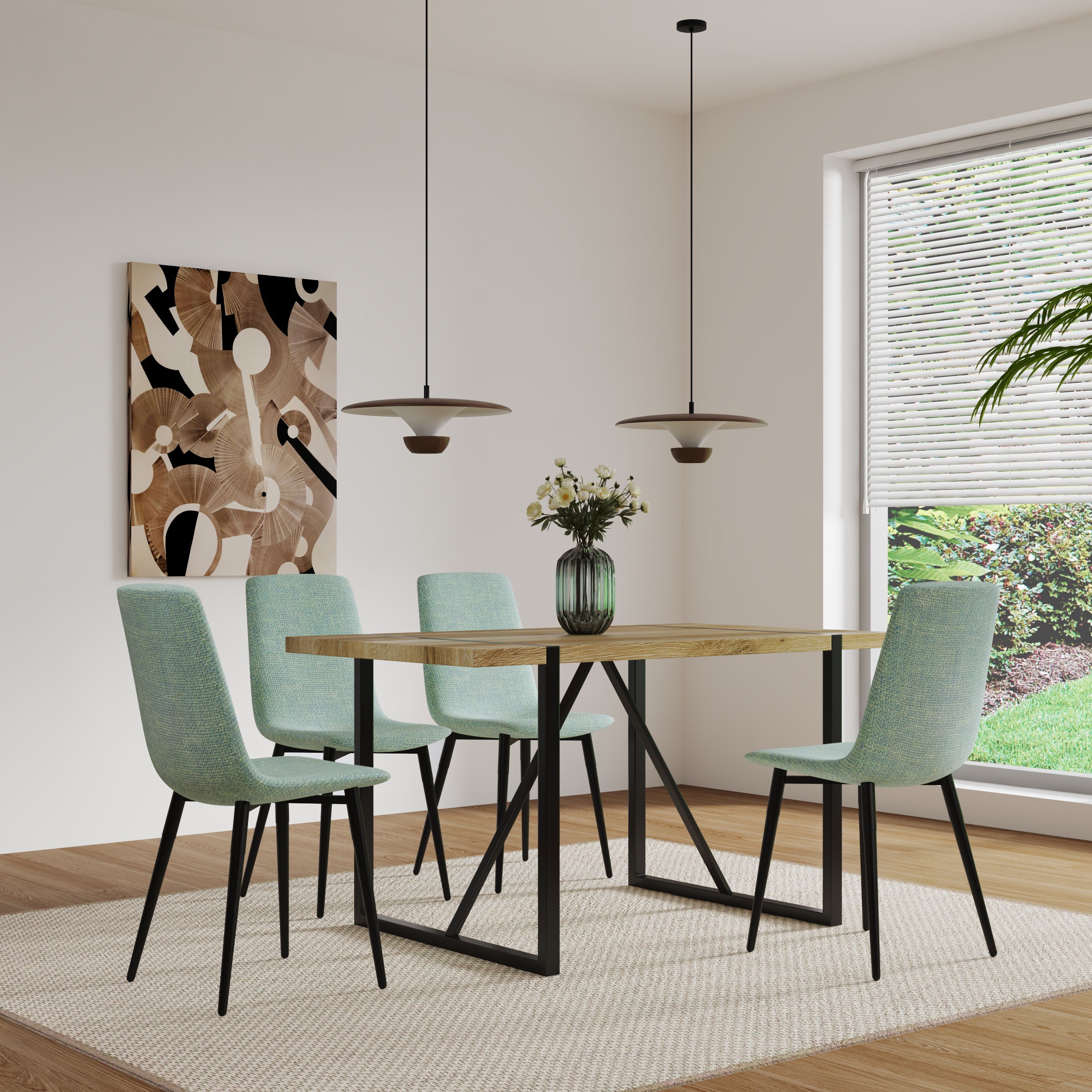 MDF Wood Colour Dining Table and Modern Dining Chairs Set of 4, Mid Century Wooden Kitchen Table Set, Metal Base & Legs, Dining Room Table and Linen Chairs