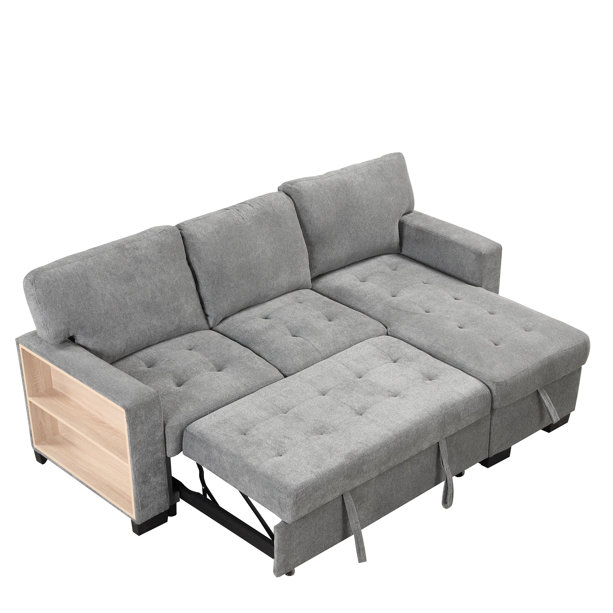 Stylish and Functional Light Chaise Lounge Sectional with Storage Rack Pull-out Bed Drop Down Table  and USB Charger Gray