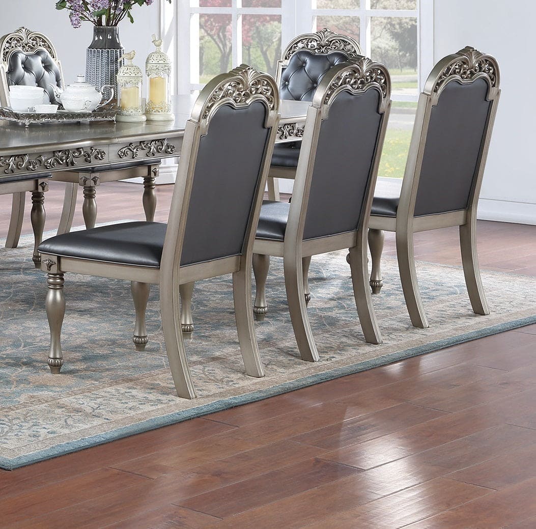 Traditional Silver / Grey Finish 9pc Dining Set Table w 2x Arm Chairs 6x Side Chairs Rubber wood Intricate Design Tufted back Cushion Seat Dining Room Furniture