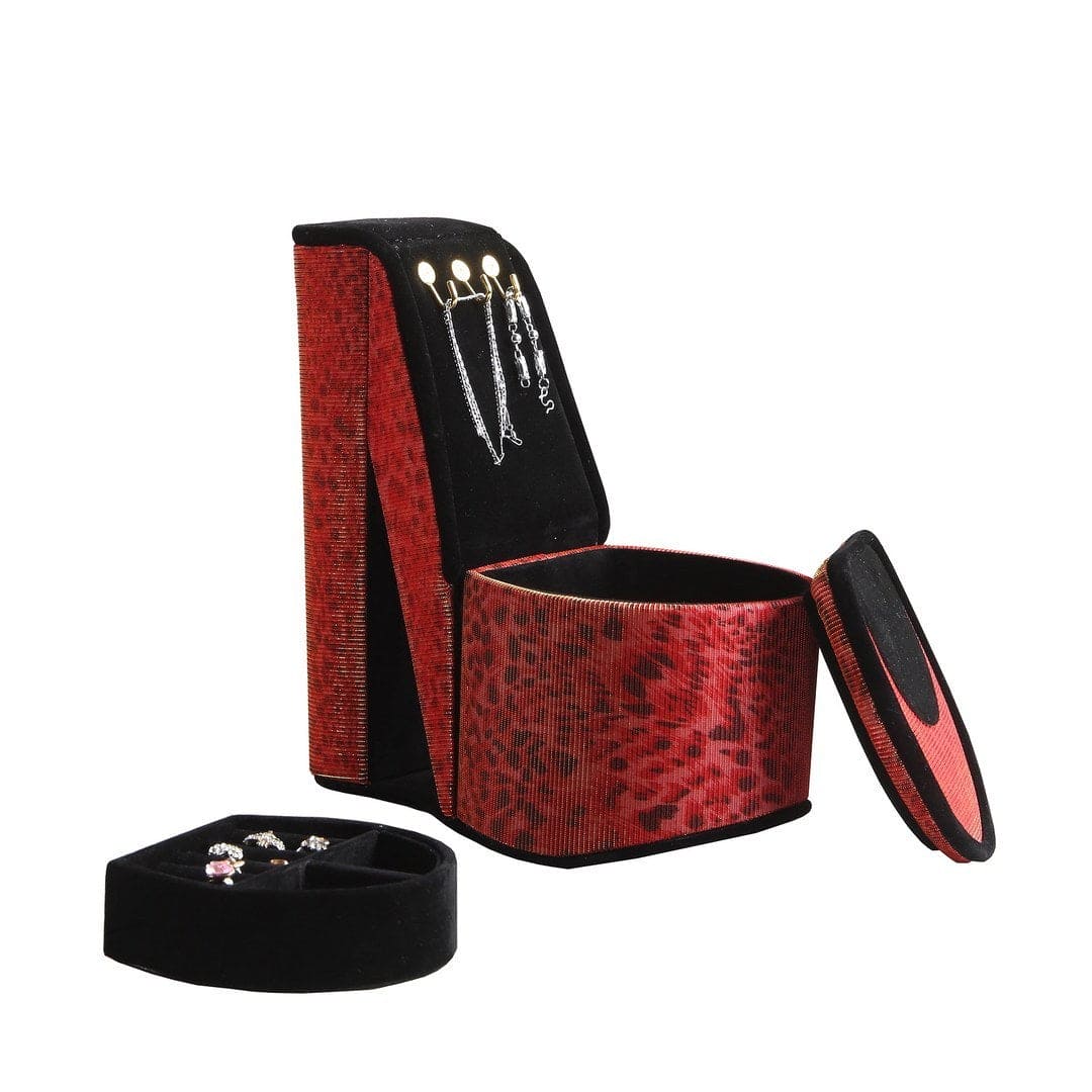 9" Tall Display Jewelry Box with Hooks, High Heel Shoe Design, Leopard Print