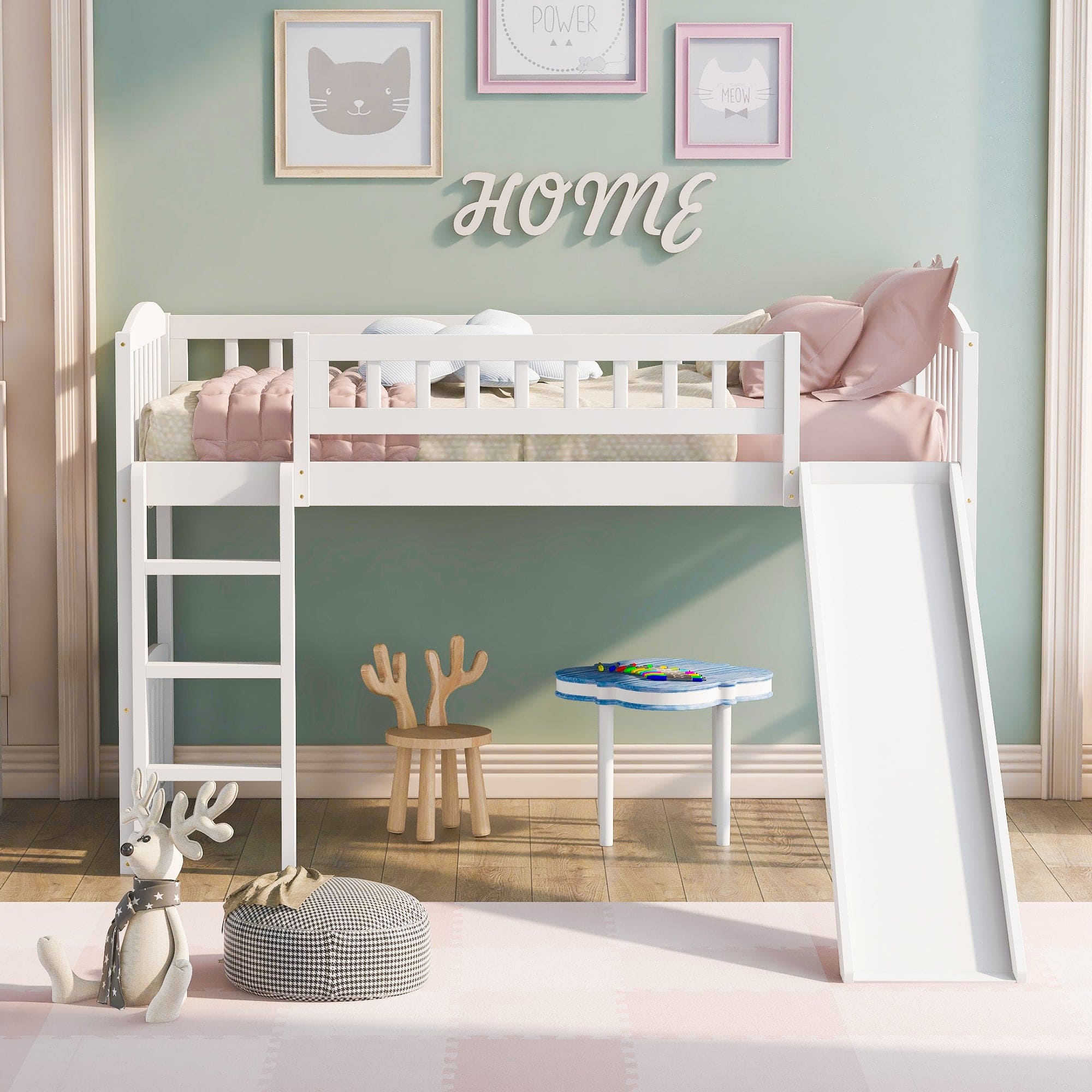 Twin size Loft Bed with Slide and Ladder, White(OLD SKU: LP000504AAK)