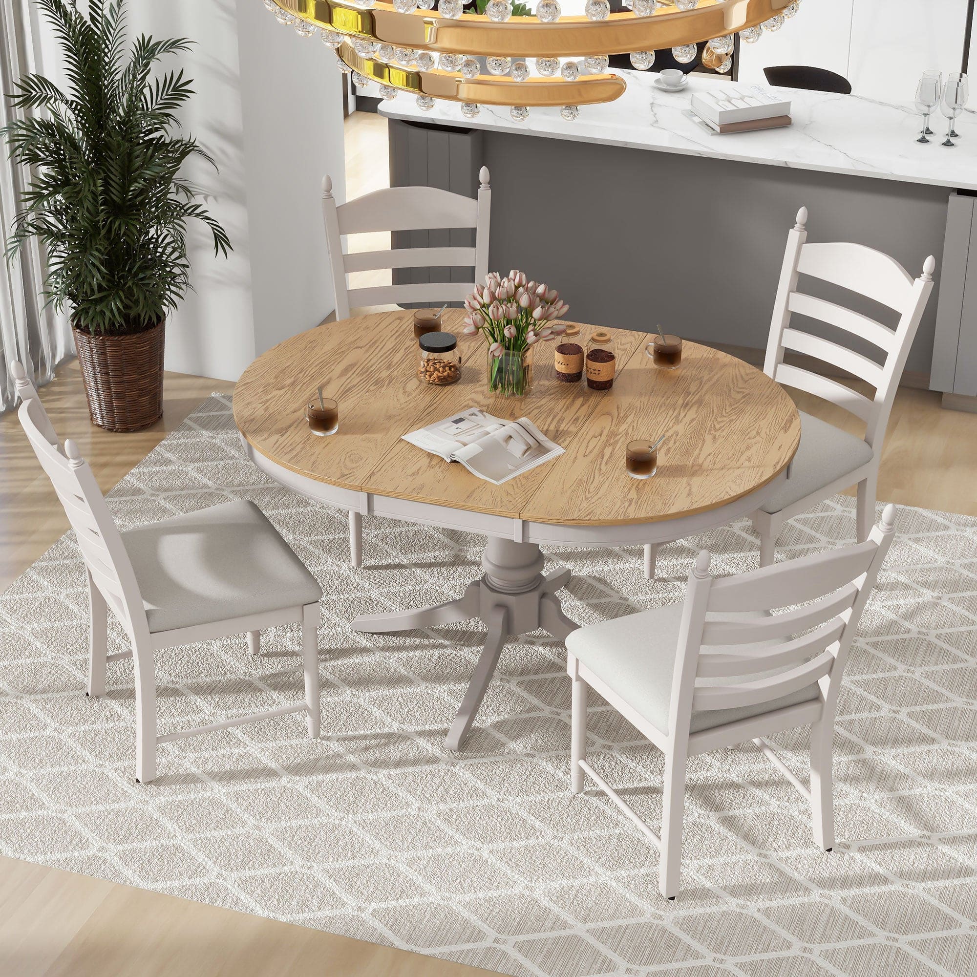 TREXM 5-Piece Retro Functional Dining Table Set Wood Round Extendable Dining Table and 4 Upholstered Dining Chairs (Off White)