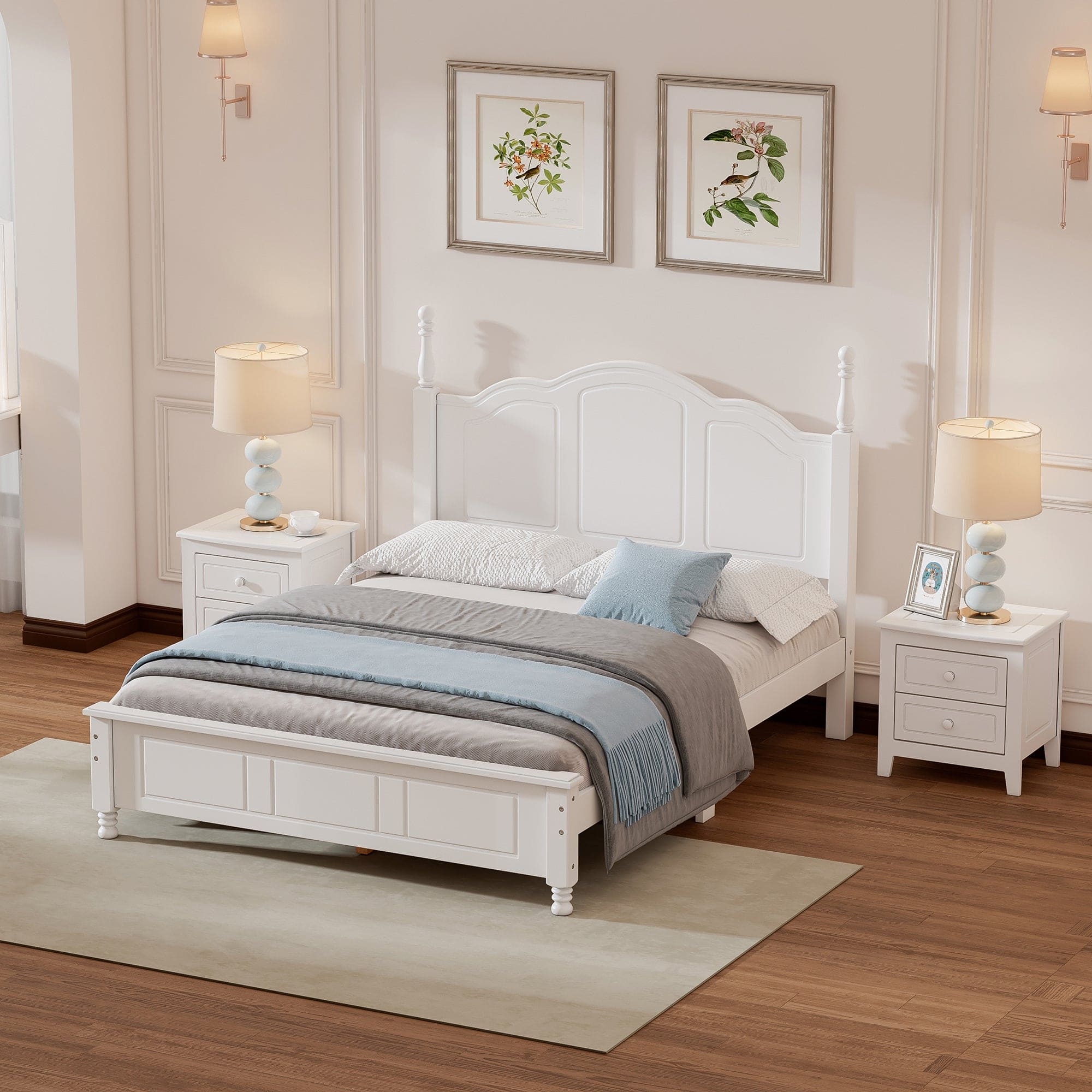 3-Pieces Bedroom Sets,Full Size Wood Platform Bed and Two Nightstands-White