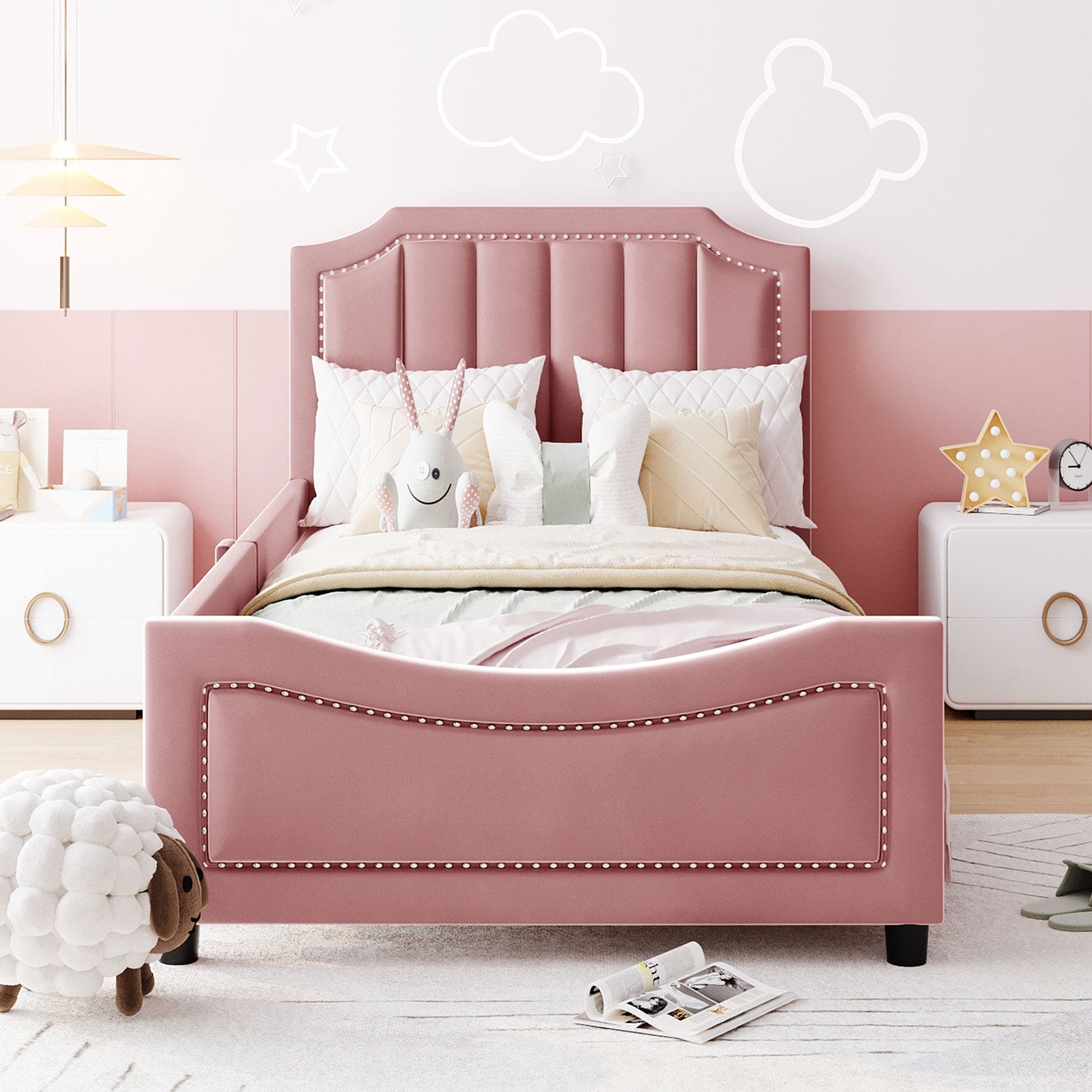 Twin Size Upholstered Daybed with Classic Stripe Shaped  Headboard, Pink