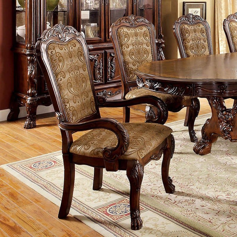 Formal Traditional Cherry Set of 2pc Arm Chairs Dining Room Brown Damask Print Fabric Solid wood Dining Chair