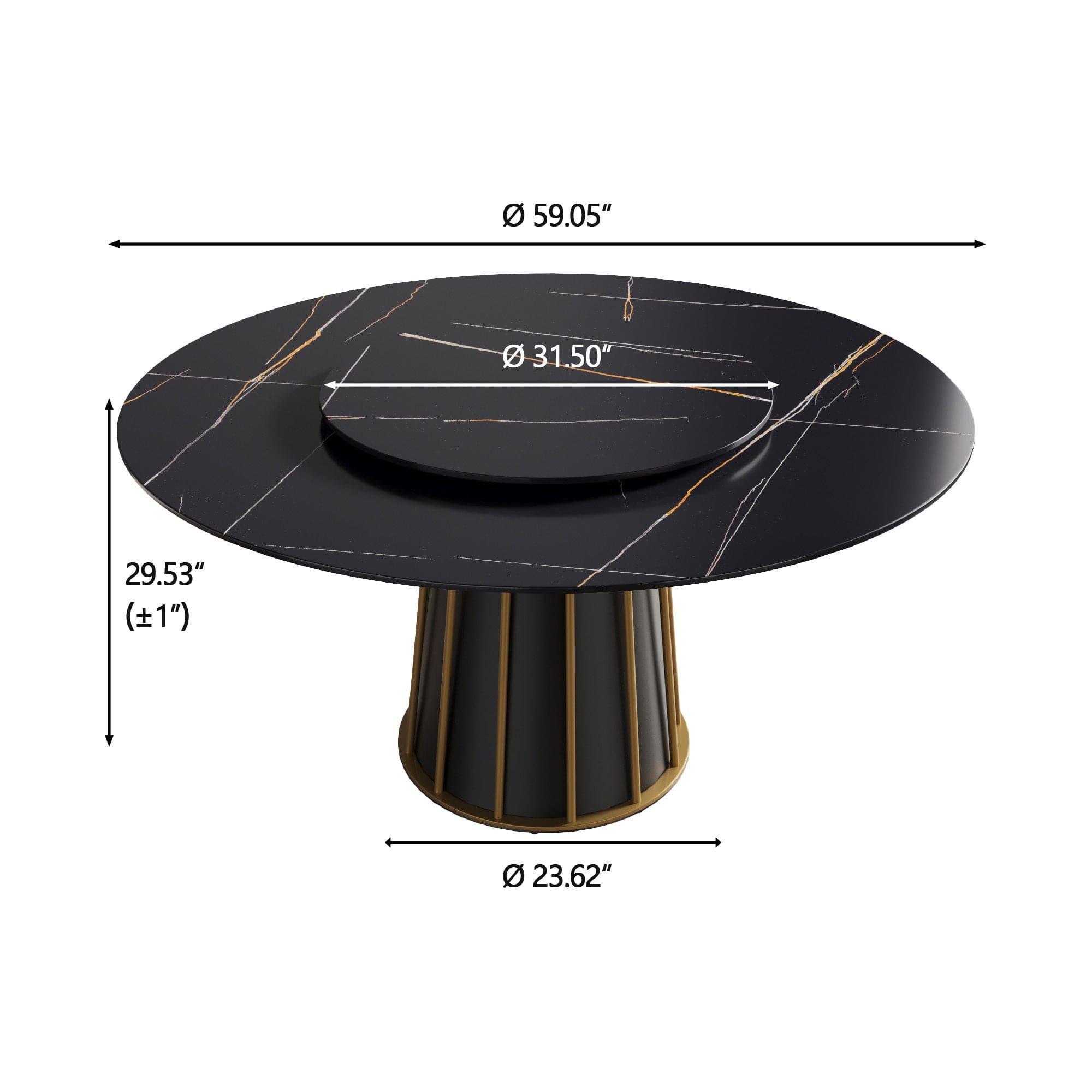 59.05"modern artificial stone round black metal iron base dining table-can accommodate 8 people-31.5"black artificial stone turntable(Not including chairs)