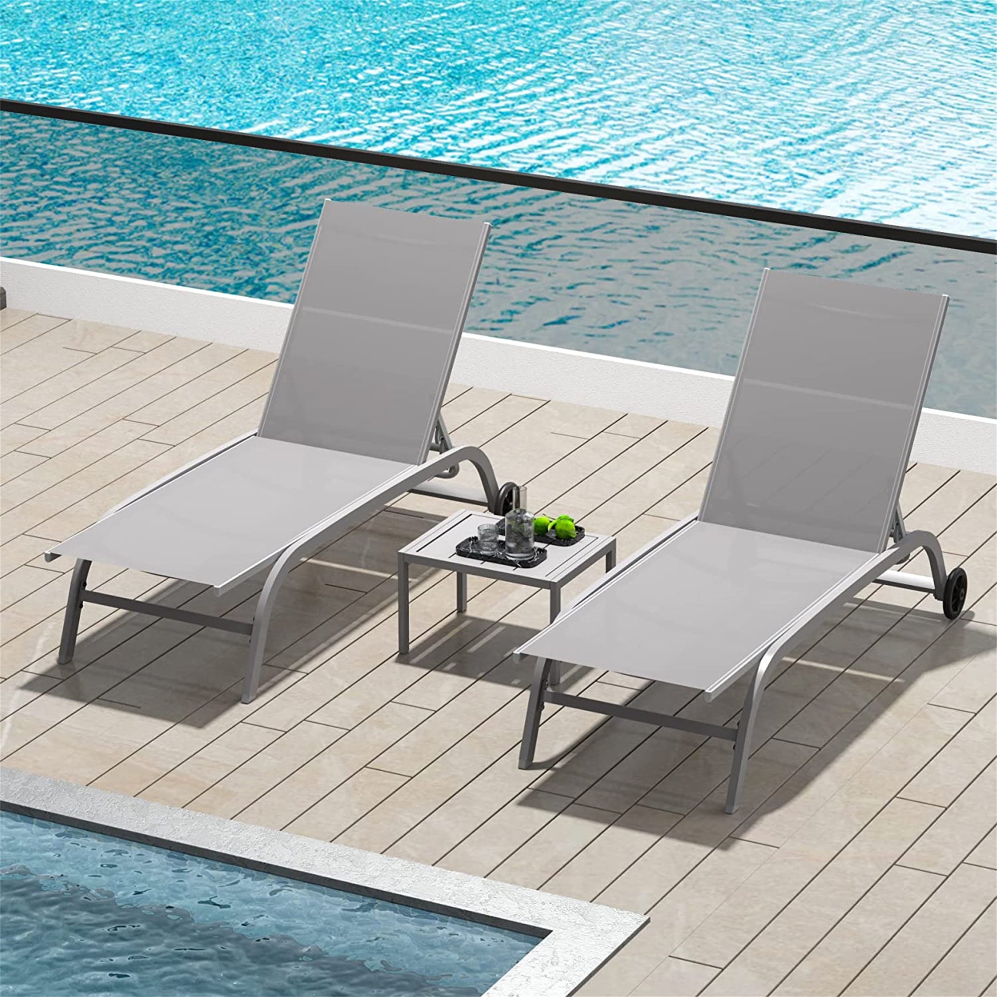 Chaise Lounge Outdoor Set of 3, Lounge Chairs for Outside with Wheels, Outdoor Lounge Chairs with 5 Adjustable Position, Pool Lounge Chairs for Patio, Beach(Grey,2 Lounge Chairs+1 Table)