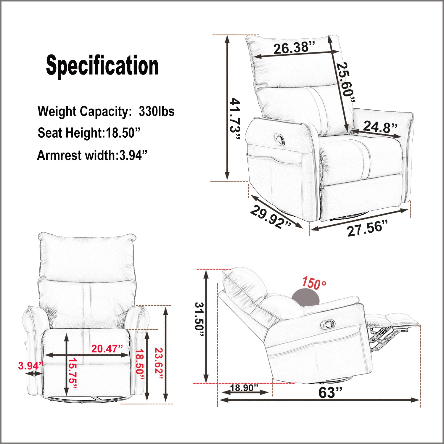 Rocking Recliner Chair,360 Degree Swivel Nursery Rocking Chair,Glider Chair,Modern Small Rocking Swivel Recliner Chair for Bedroom,Living Room Chair Home Theater Seat,Side Pocket(Light Gray)