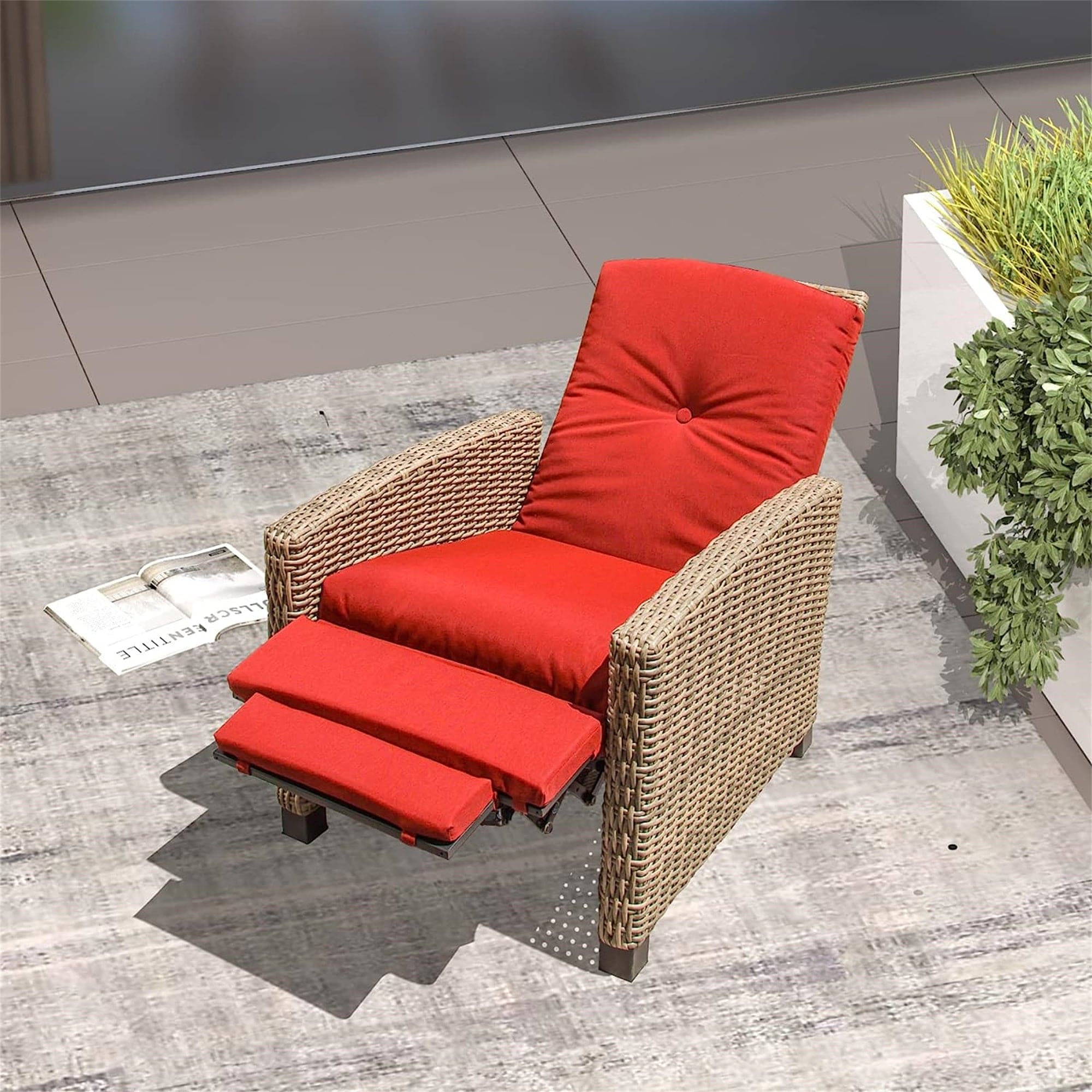 Indoor & Outdoor Recliner, All-Weather Wicker Reclining Patio Chair, Red Cushion (Red,1 Chair)