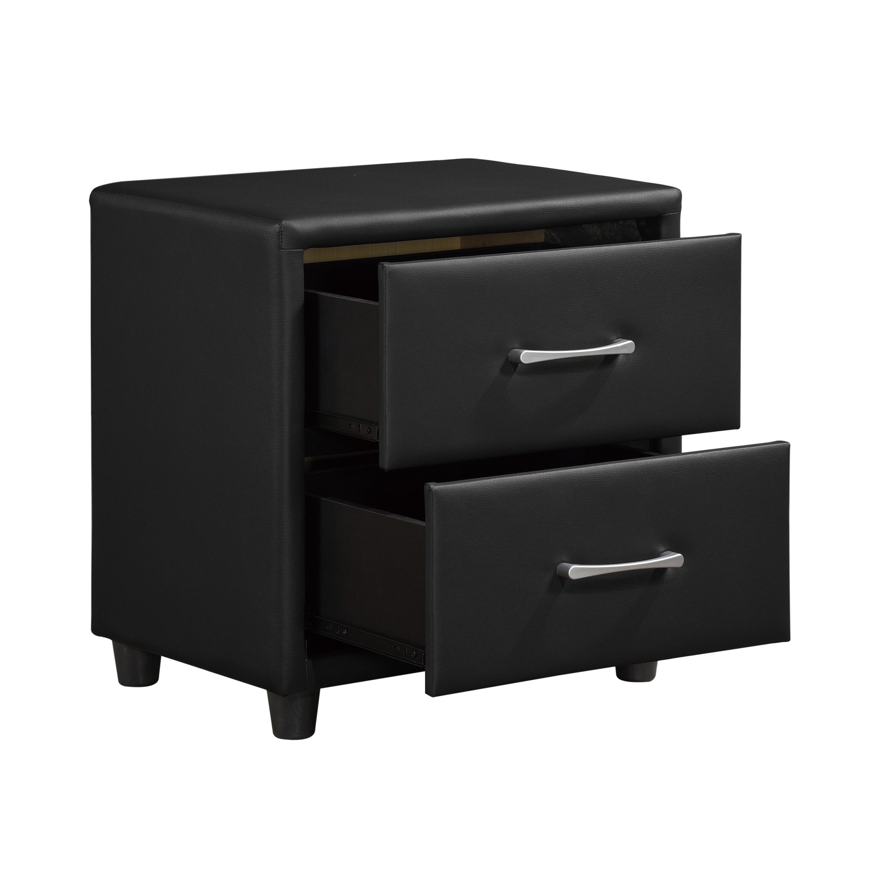 Contemporary Durable Black Faux Leather Covering 1pc Nightstand of Drawers Silver Tone Bar Pulls Stylish Furniture