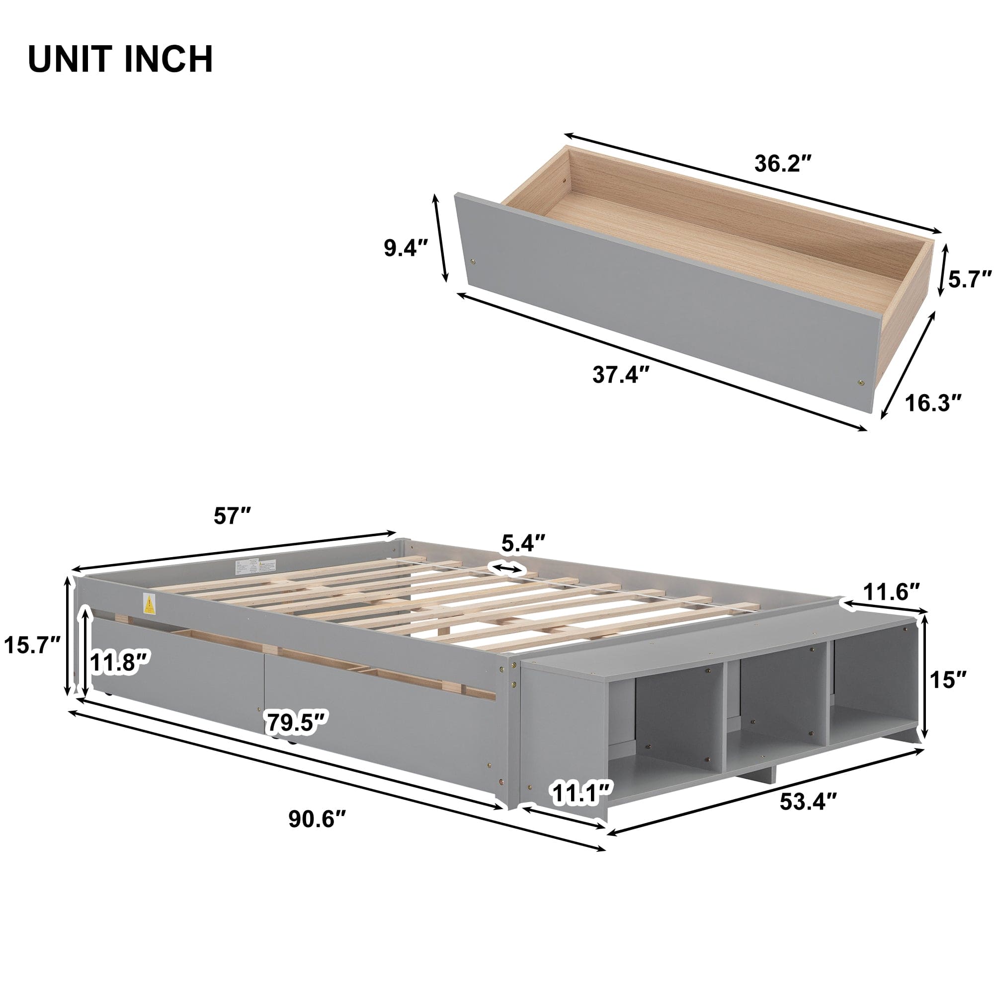 Full Size Bed with Storage Case, 2 Storage drawers, Lengthwise Support Slat,Grey