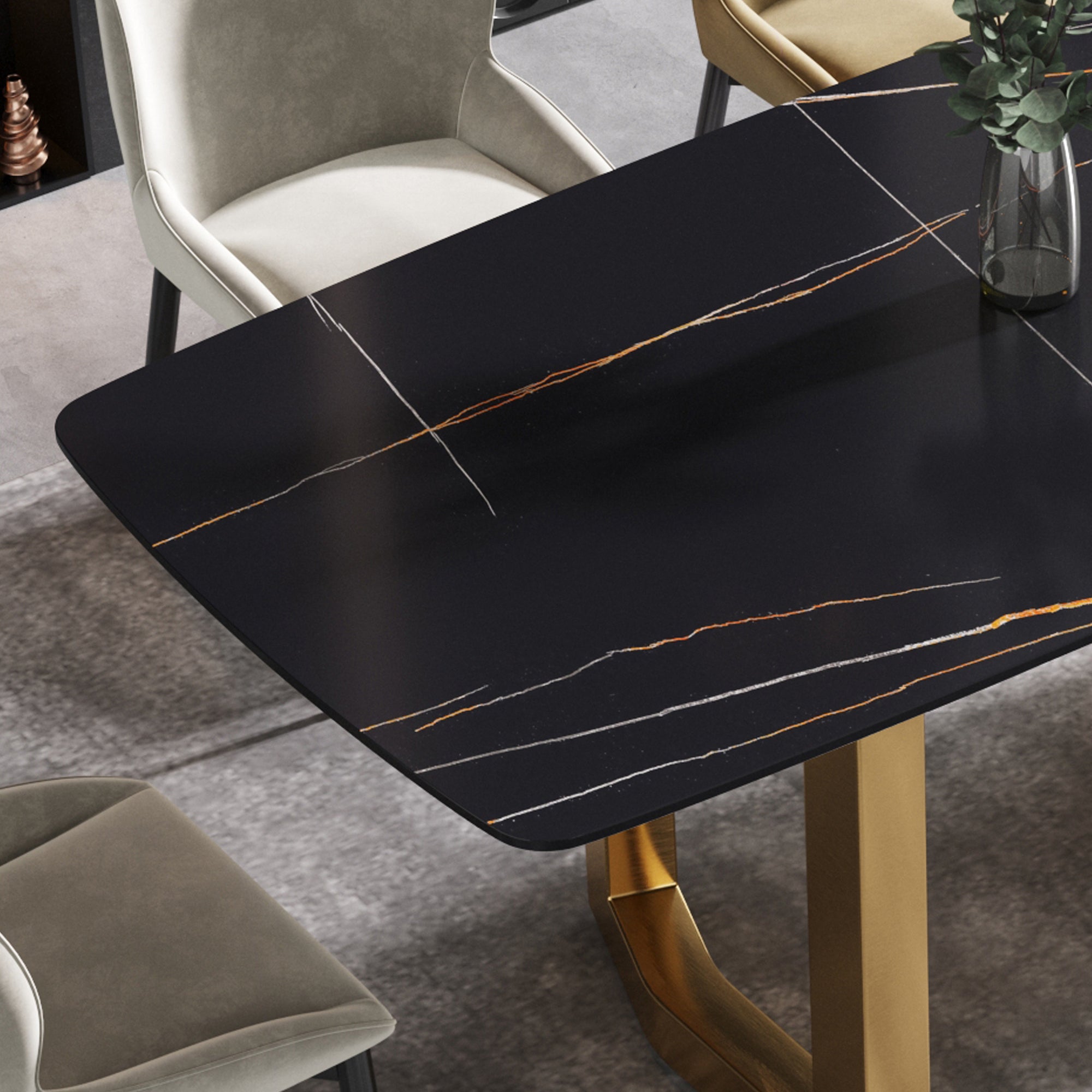 63"Modern artificial stone black curved golden metal leg dining table -6 people