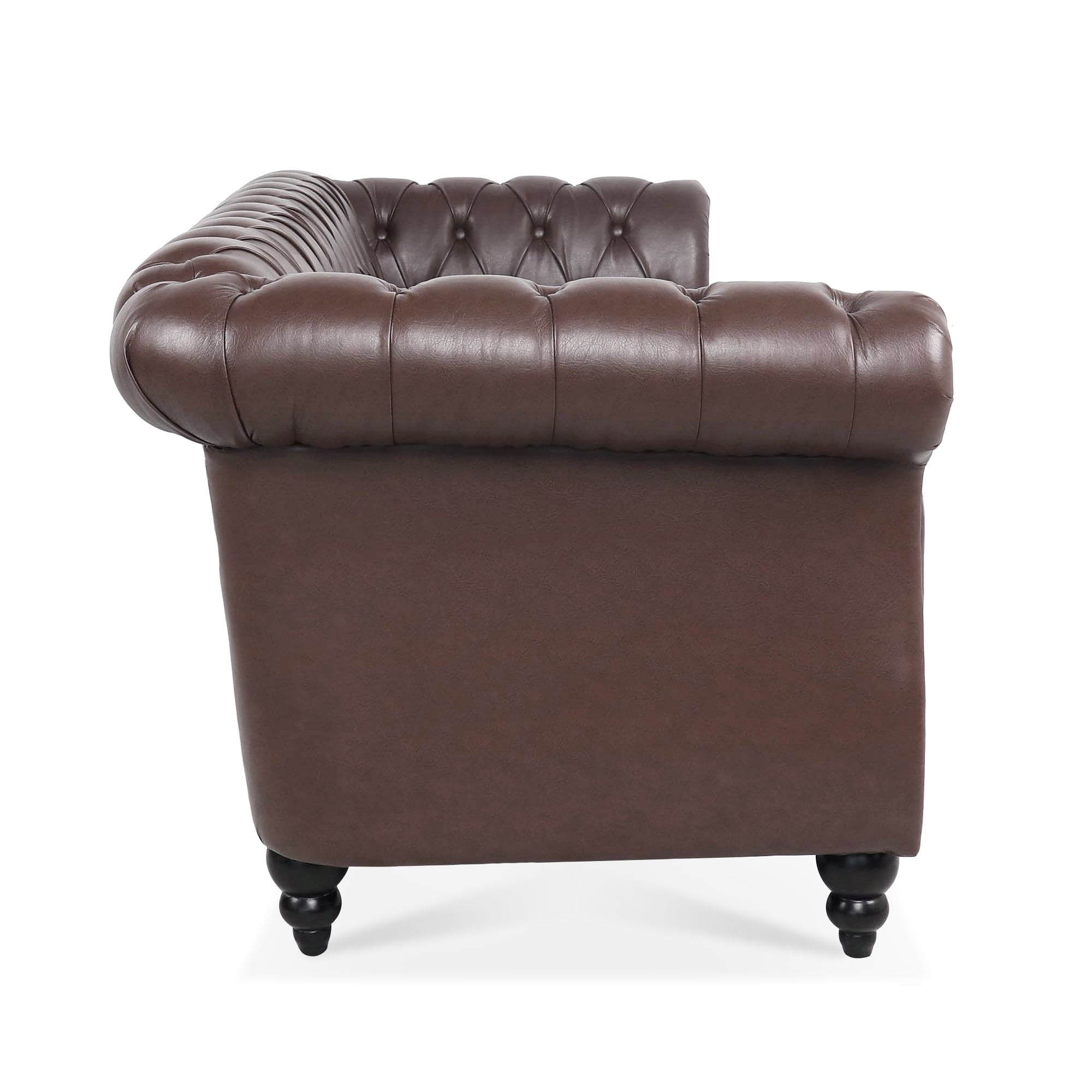 84.65" Dark Brown PU Rolled Arm Chesterfield Three Seater Sofa.