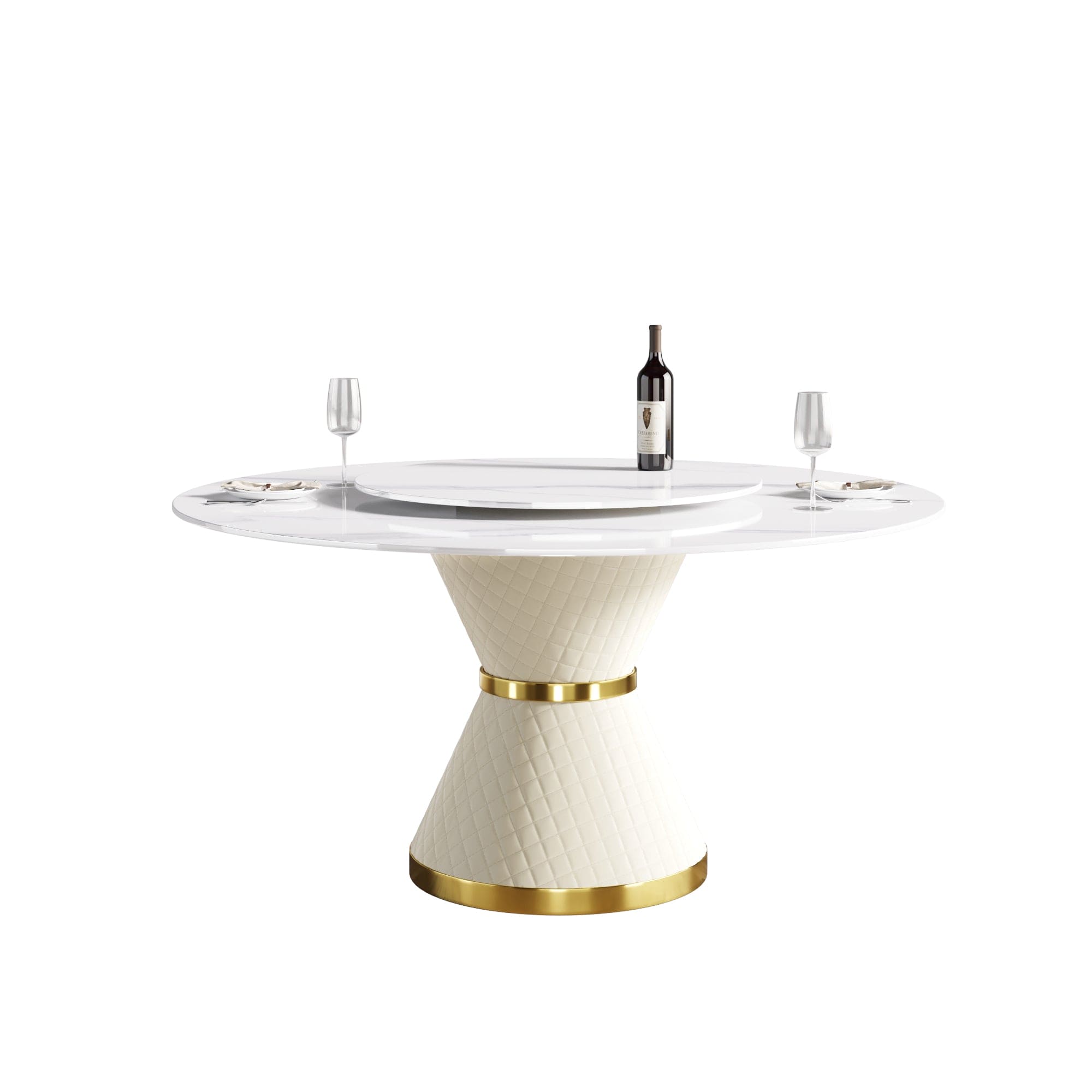 59.05"Modern artificial stone round white carbon steel base dining table-can accommodate 6 people-31.5"white artificial stone turntable