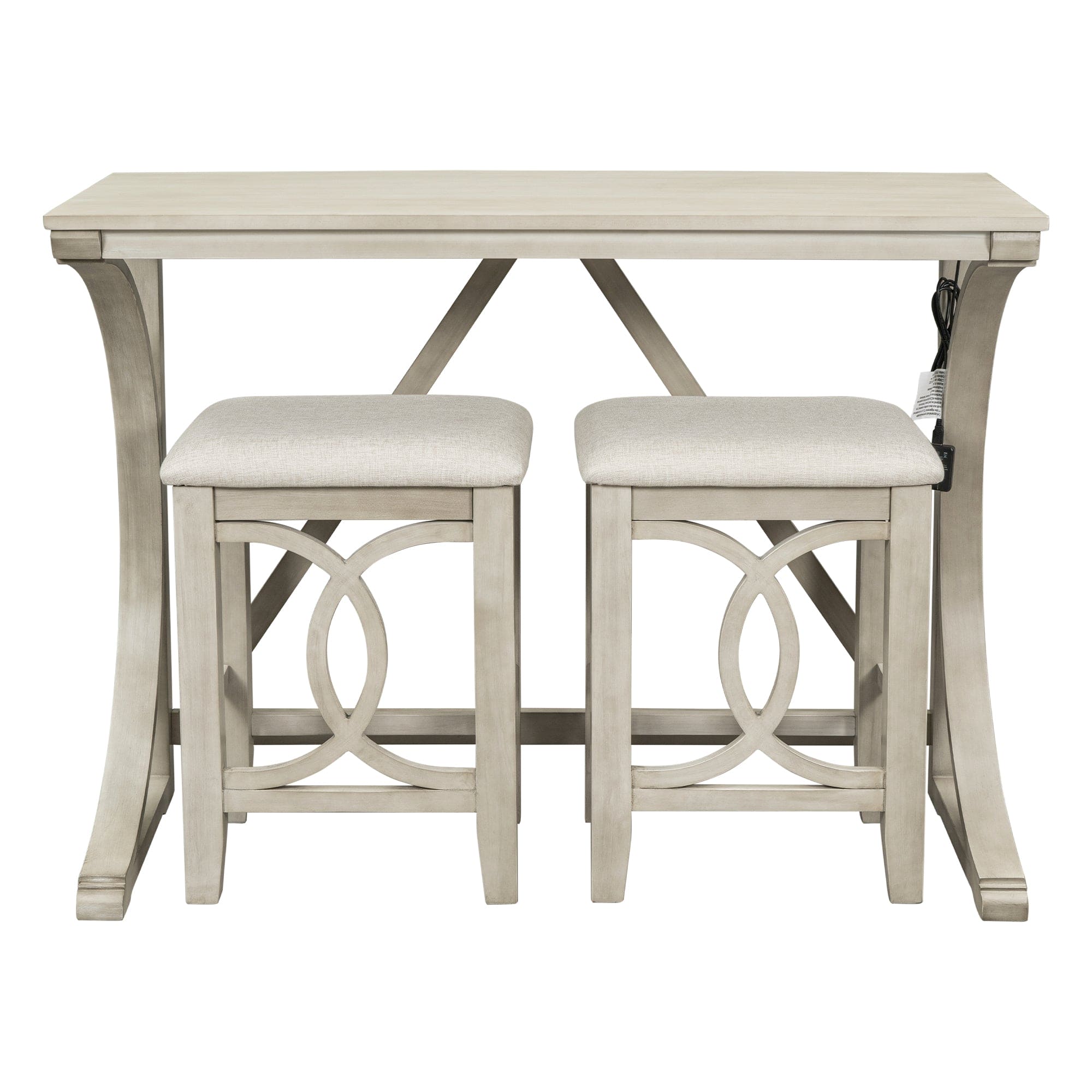 TOPMAX Farmhouse 3-Piece Counter Height Dining Table Set with USB Port and Upholstered Stools,Cream